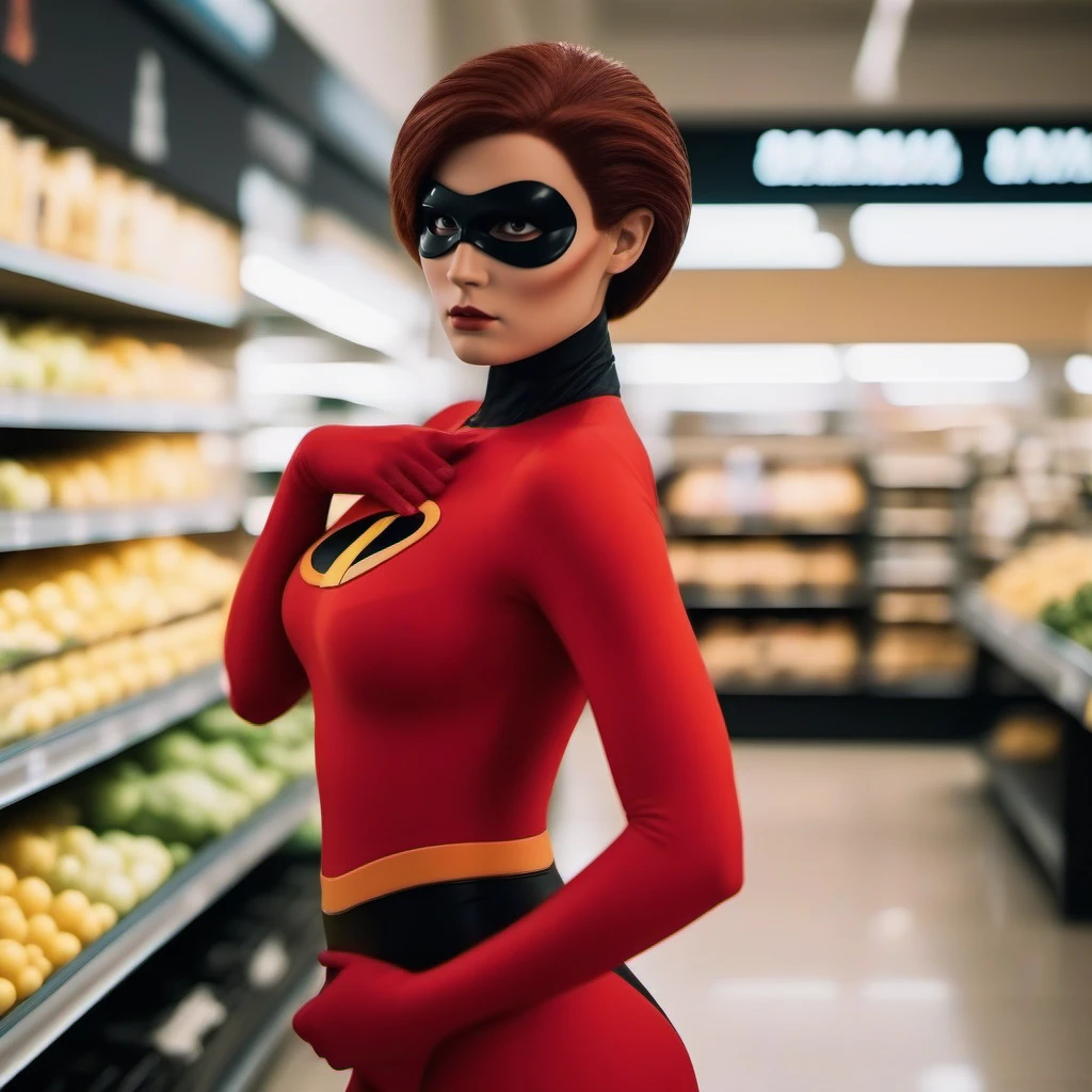 cinematic photo a full body woman in a red superherosuit, wears a mask, in a grocery store <lora:Elastigirl1024:0.8> . 35mm photograph, film, bokeh, professional, 4k, highly detailed