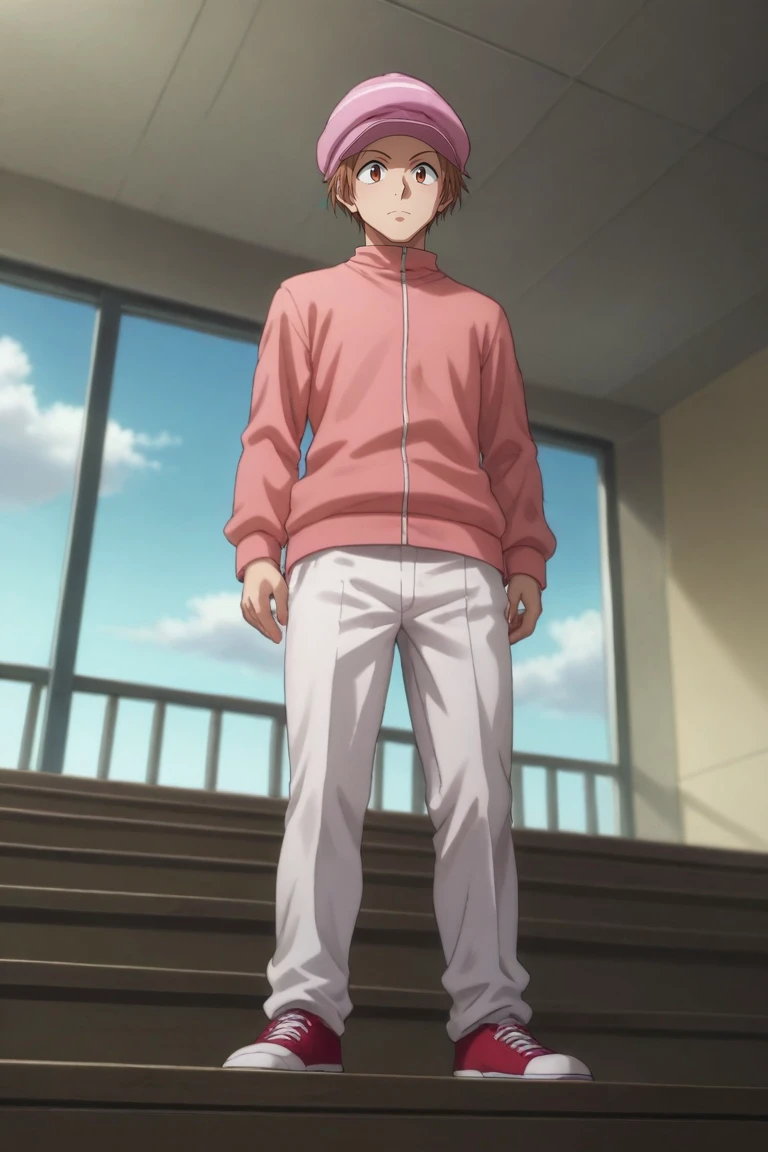 score_9, score_8_up, score_7_up, source_anime, rating_safe, intricate details, , , depth of field, 1boy, solo, male focus, <lora:pokkle_hxh_pony:0.88>, pokkle_hxh, brown hair, brown eyes, short hair, hat, , wide angle, wide shot, full body, heaven, clouds, indoors, pose, nervous, , <lora:sdxl_lightning_8step_lora:1>