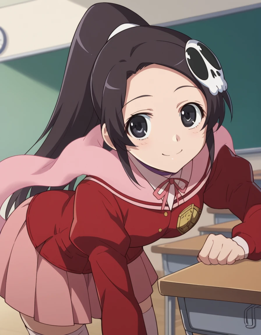 score_9, score_8_up, score_7_up, source_anime,
eluciadeluteima, <lora:elucia-de-lute-ima-s1s2-ponyxl-lora-nochekaiser:1>,
elucia de lute ima, forehead, black hair, black eyes, hair ornament, skull hair ornament, ponytail,
skirt, thighhighs, zettai ryouiki, school uniform, shirt, red shirt, shawl, harogomo, pink skirt, puffy sleeves, juliet sleeves, long sleeves,
indoors, classroom, bent over, smile,
looking at viewer, cowboy shot, solo, dutch angle,