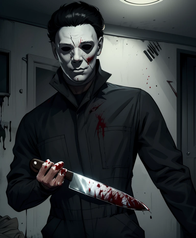 michael,white mask,black hair,black eyes,
dark jumpsuit,holding a long knife,blood on clothes,
night,abandoned,home,
(insanely detailed,  masterpiece, best quality),solo,<lora:MMDBD:1>,