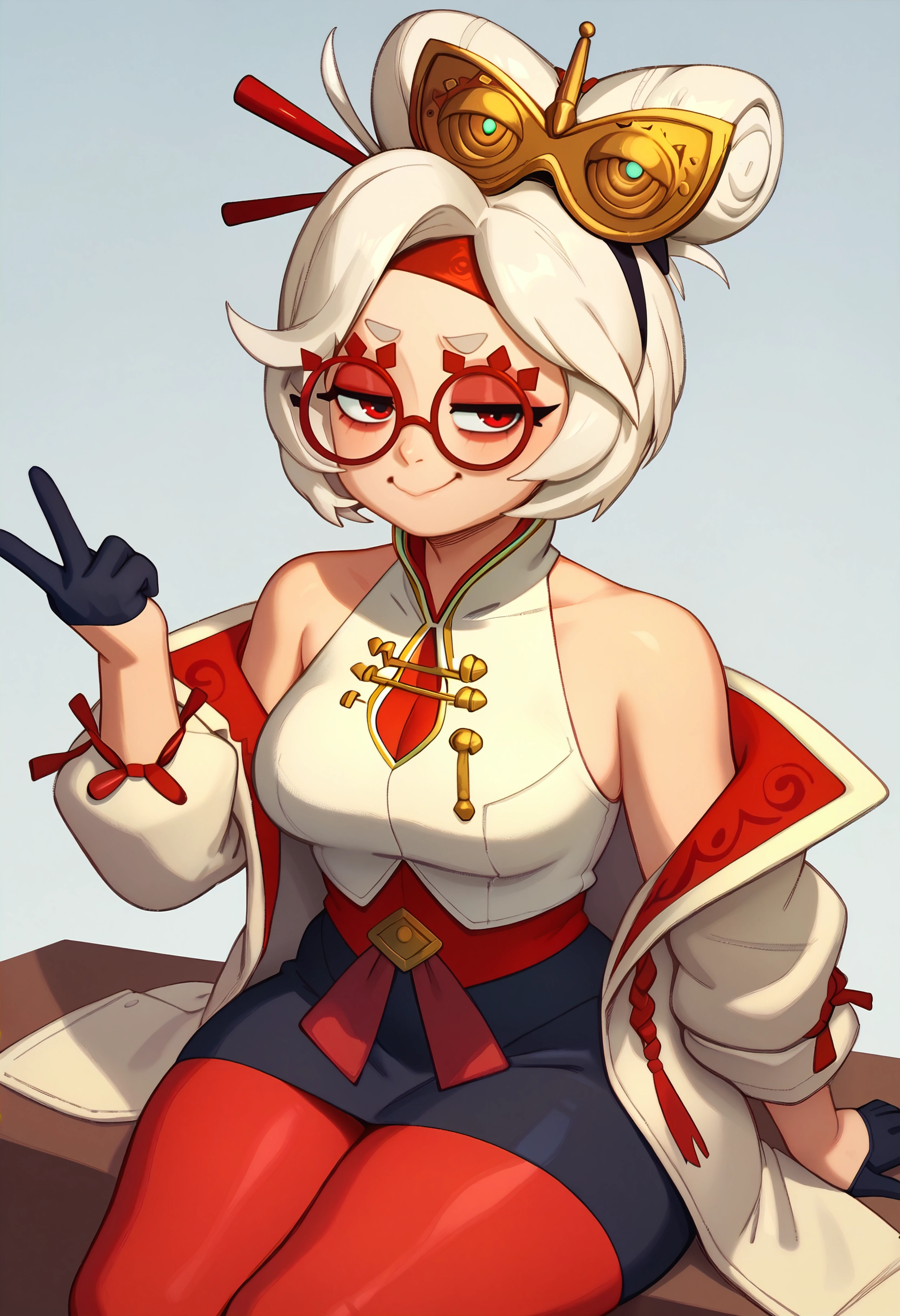score_9, score_7_up BREAK purah,hair ornament, red headband, red glasses, sleeveless shirt, white coat, black skirt, red leggings, gloves,thick thighs,sitting,smug,gesture,simple background <lora:riz_pd_dora:1> <lora:purah-pdxl-nvwls-v1:0.8>