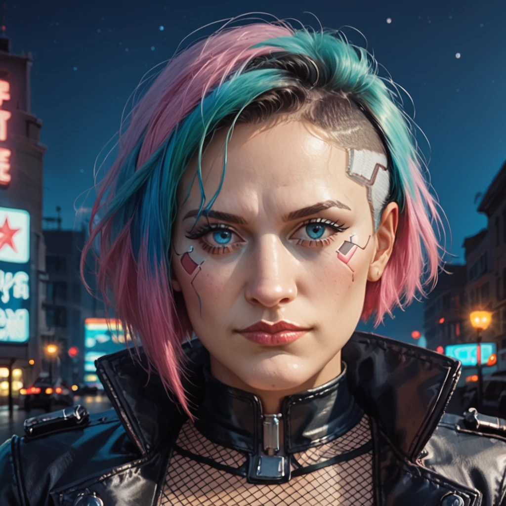 score_9, score_8_up, score_8, (masterpiece, best quality, highly detailed, realistic, cinematic light, night time), source_western, 2.5d, screencap, portrait of mzam as a cyberpunk girl, multicolored hair, cyberware in  face, 
short bob hair, looking at the viewer, leather jacket, fishnet croptop, close up, (((night city background)))
<lora:Maria_Zambaco:.6>