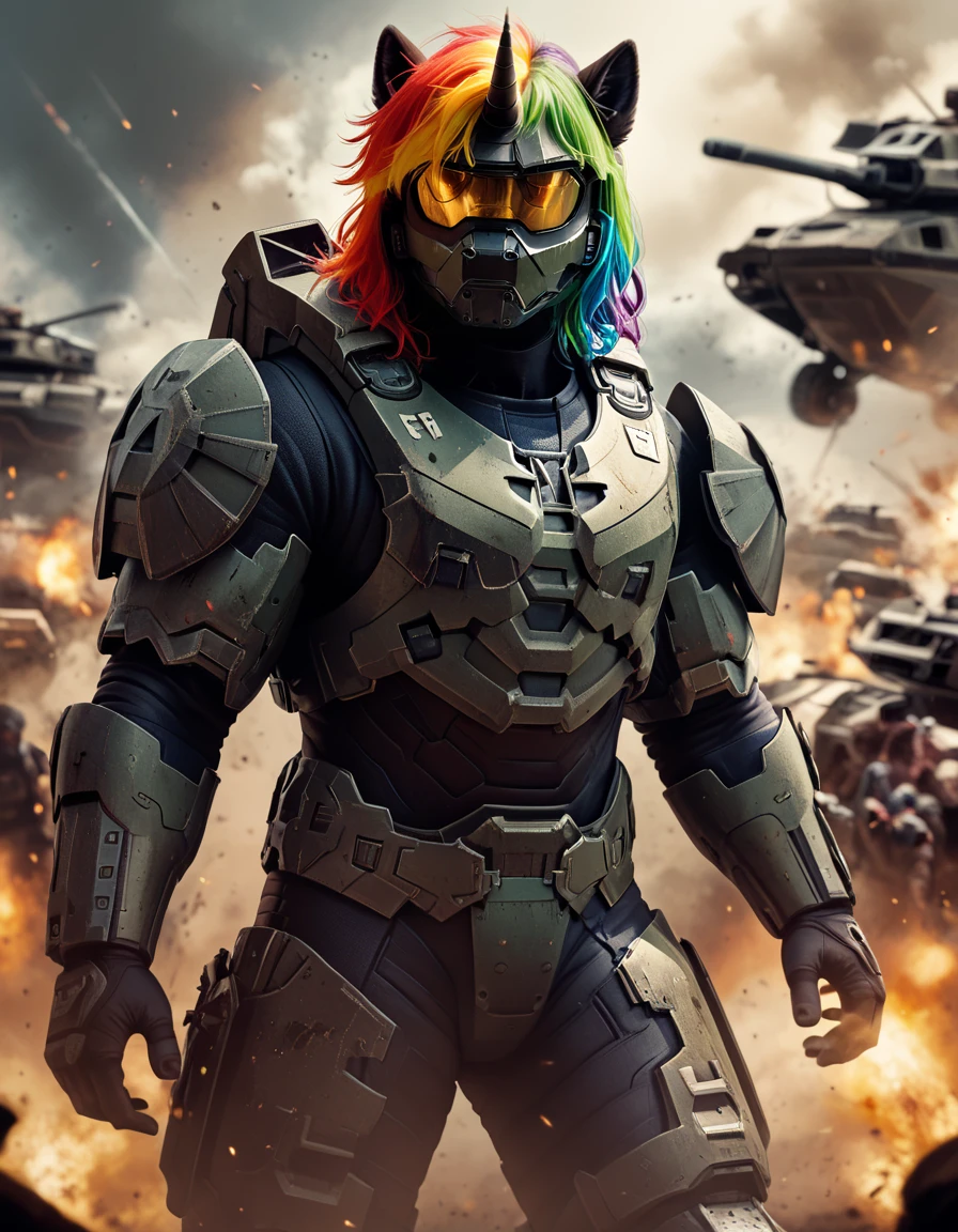 score_9, score_8_up, score_7_up,
source_furry,
an anthro unicorn wearing h4lo armor, multicolored hair, rainbow hair,
war, battle, action movie scene, explosions, promotional poster,
 <lora:halo_armor:1>