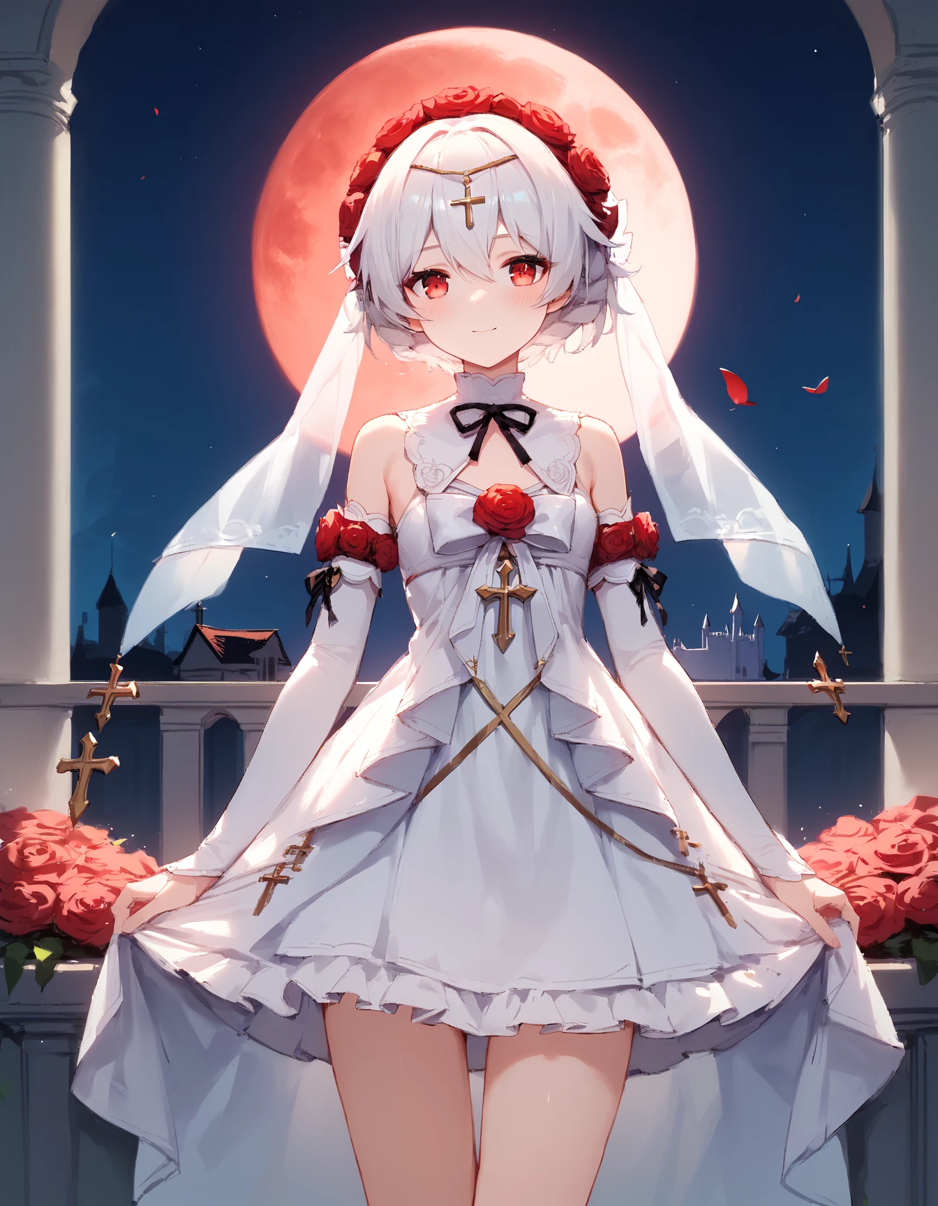 score_9, score_8_up, score_7_up, score_6_up, source_anime, rosy bridesmaid, 1girl, solo, standing, cowboy shot, blush, light smile, rose, wedding dress, bridal veil, detached collar, detached sleeves, cross, thigh, outdoors, garden, moon, red moon, night sky, castle in the background