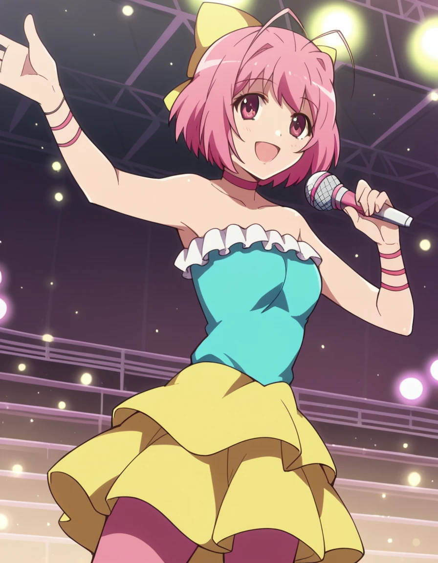 score_9, score_8_up, score_7_up, source_anime,
kanonnakagawa, <lora:kanon-nakagawa-s1s2-ponyxl-lora-nochekaiser:1>,
kanon nakagawa, short hair, pink hair, hair bow, pink eyes, antenna hair,
skirt, pantyhose, boots, choker, idol, pink pantyhose, frills, yellow skirt, frilled skirt, sleeveless, bare shoulders, collarbone, dress, blue dress, strapless, strapless dress,
indoors, concert, stage, stage lights, microphone, holding microphone, singing, open mouth, smile,
looking at viewer, cowboy shot, solo, dutch angle,