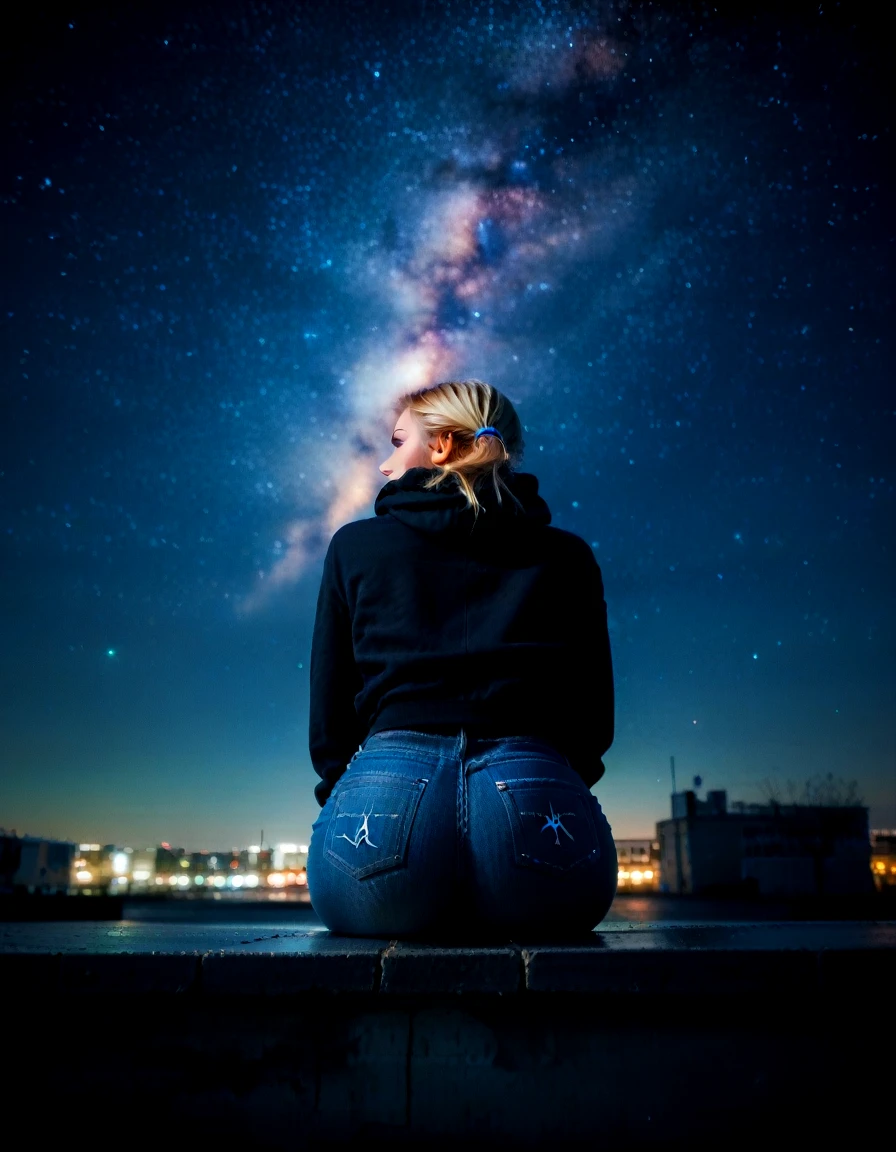 (from below, real life, 1girl, cute, gorgeous blonde white 18yo girl, sitting, ponytail, alluring face, sexy, makeup, (wide hips, big ass),tight jeans, sweatshirt), dynamic pose, score_8_up, score_9_up, <lora:Beautiful face_alpha1.0_rank4_noxattn_last:.78>, <lora:detailer_pony_v4:.75>, <lora:Starry_Scene:0.97> starryscene, outdoors, sky, night sky, star (sky), starry sky, silhouette, night time, midnight, noise offset, darkness, dark, night time, light particles