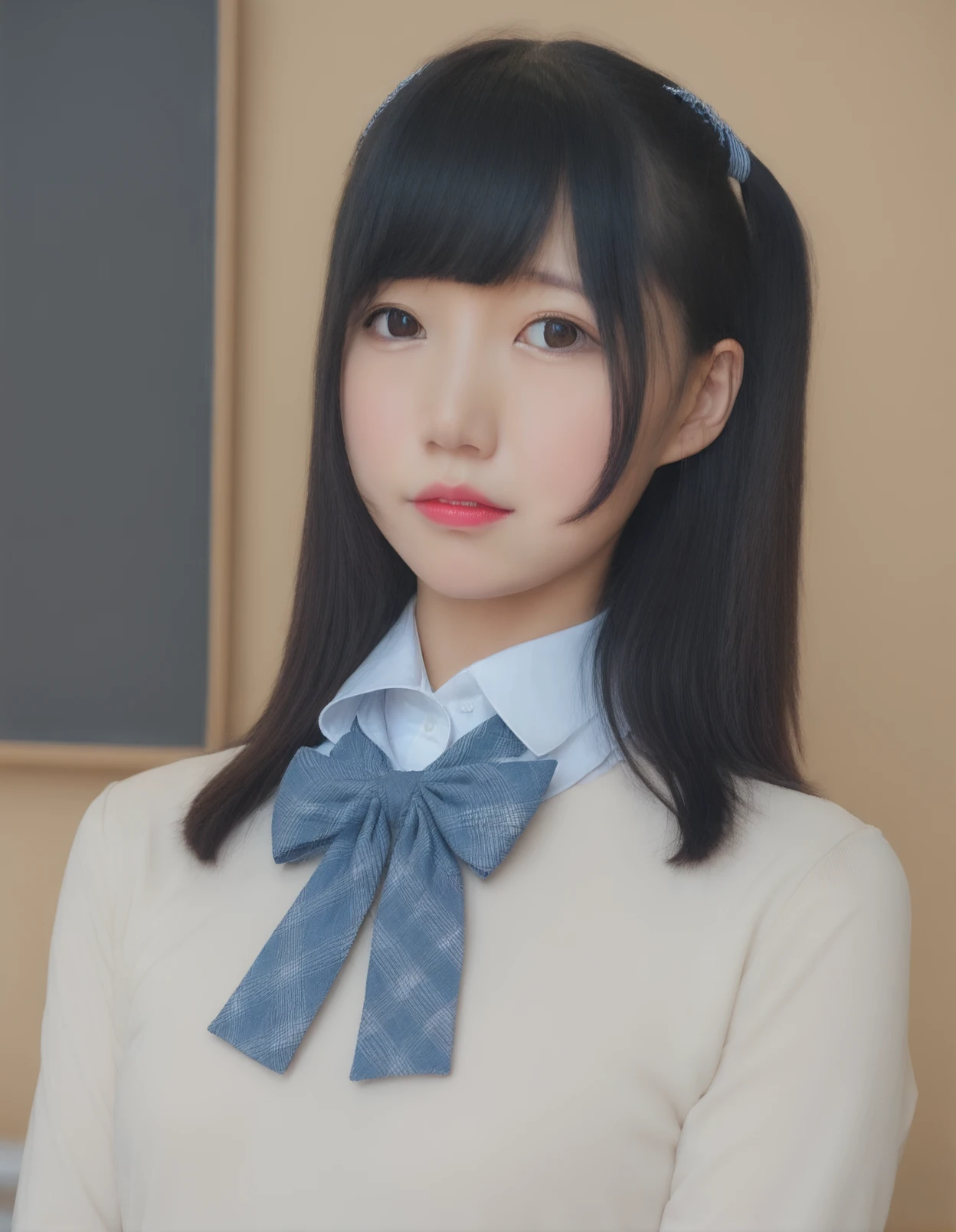 asian, (masterpiece:1.0), (best quality:1.0), (ultra highres:1.0),(ultra detailed:1.0), (sharp focus1:0), (RAW photo:1.0), (Realistic:1.0),
1girl, solo, black hair, realistic, bow, looking at viewer, long hair, shirt, brown eyes, bangs, bowtie, blue bow, upper body, lips, school uniform,sweater, double v, close-up, lips, bangs, parted lips,
,<lora:NAGESA_xl:0.7>