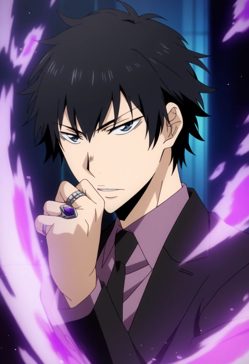 score_9, score_8_up, score_7_up, score_6_up, highly detailed, masterpiece, best quality,detailed,intricate details, amazing quality, best aesthetic, absurdres, hibari_tyl, black hair, gray eyes, 1boy, male focus, solo, necktie, purple shirt, formal, suit, ring, purple flames, beam, energy<lora:EMS-391465-EMS:1.000000>