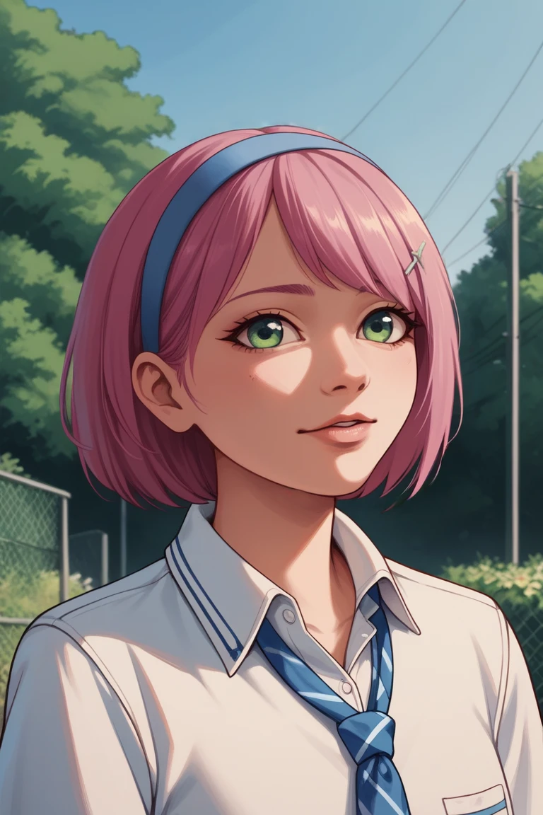 score_9, score_8_up, score_7_up, score_6_up, 1girl, outdoors, portrait of a Sakiech, pink hair, green eyes,dfdd, blue theme, close up,2d_animated,2d,sc3n3ry, school, upperbody<lora:EMS-17894-EMS:1.300000>, <lora:EMS-381749-EMS:1.200000>, <lora:EMS-389909-EMS:1.000000>