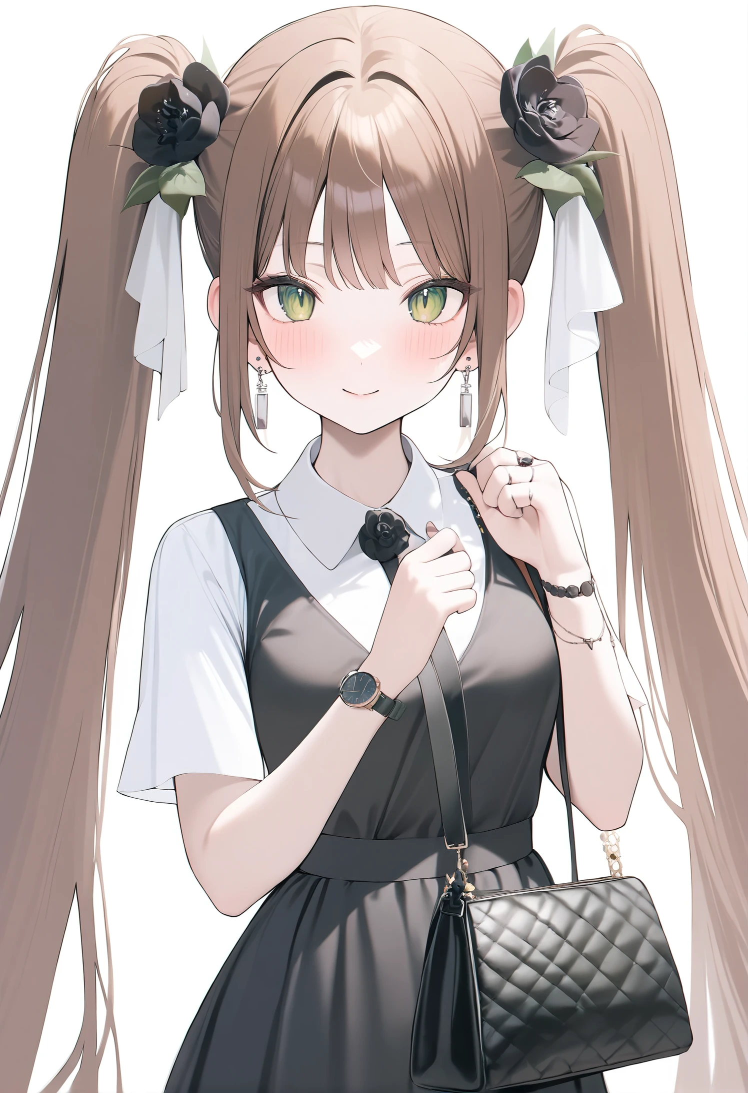 1girl,
kinty,
jewelry, brown hair, handbag, hand up, looking at viewer, black dress, hair flower, black nails, shirt, earrings, sleeveless, dress, twintails, wristwatch, hair ornament, green eyes, white background, bag, collared shirt, very long hair, short sleeves, simple background, sleeveless dress, black flower, ring, flower, long hair, smile, blush, closed mouth, solo, white shirt, nail polish, watch,
masterpiece, best quality, newest
<lora:kinty_image84_2024-03-28_a31-000075:1>