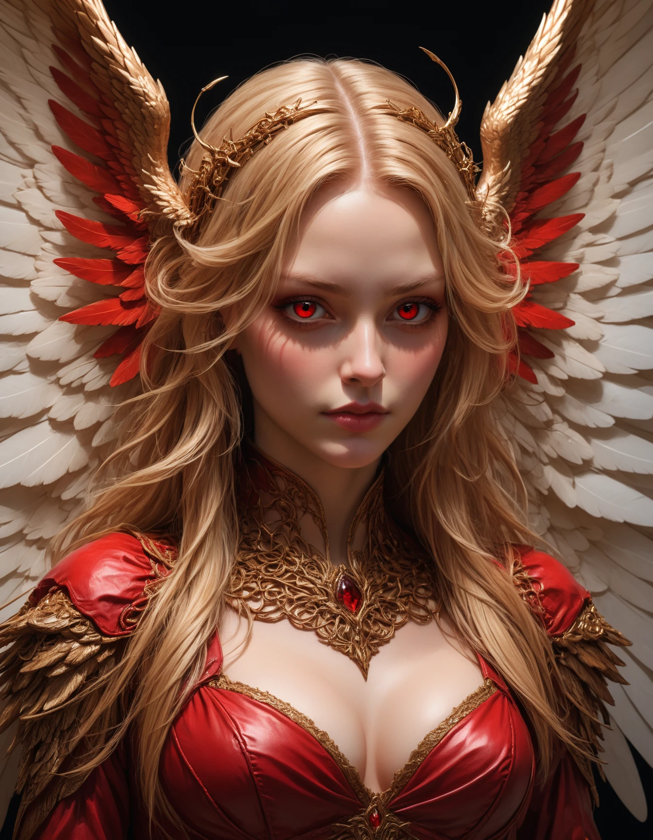 artiangel, angel, wings, angelic, female, woman, white wings, huge wings, intricate red dress, intricate neck gear, beautiful face, detailed shiny intense bronze eyes, long blonde hair, looking at viewer, highly detailed, wearing intricate red dress, red leather pauldrons, beautiful pale skin, highly detailed white wings, feathered wings, beautiful cleavage, intricate red headgear, simple black background, upper body view, upper body, portrait, dynamic frontal pose, dramatic lighting, highly realistic , (professional, finest details, masterpiece, best quality:1.5)
<lora:artiangel:0.5> artiangel