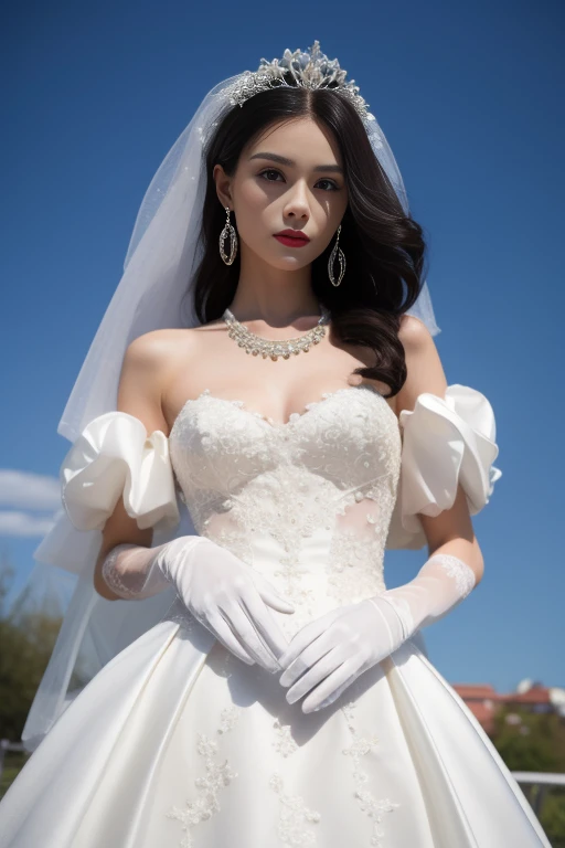 ltra-detailed,highly detailed,best quality,masterpiece,illustration,realistic,photorealistic,
qqhunsha, 
1girl, solo, bride, 
wedding dress, bridal veil, puffy short sleeves, frilled dress, 
jewelry, necklace, earrings, gloves, tiara,
long hair, 
looking at viewer, cowboy shot, 
flower, blue sky, sky, simple background, day,
<lora:qqhunsha_v1_04:0.7>