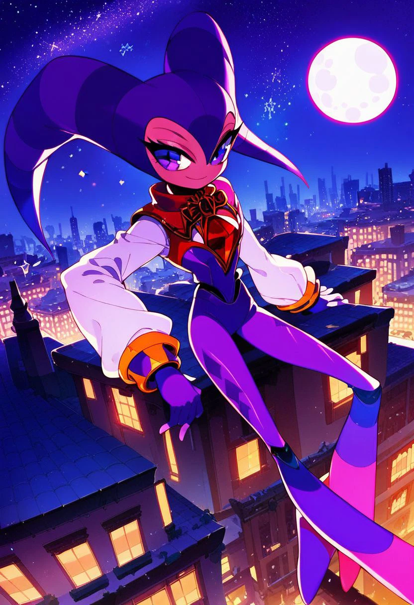 score_9, score_8_up, score_7_up, score_6_up, Nights, Jester, purple eyes, purple bodysuit, white sleeves, oval ruby on chest, 1girl, city background, rooftop, night time, moon, stars, standing on rooftop,  (high res), (beautiful quality), official art, censored,