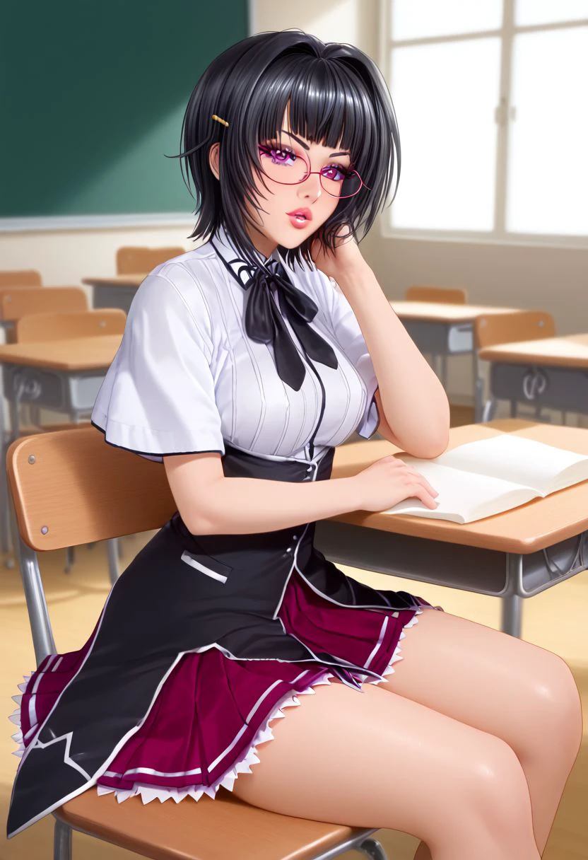 Masterpiece, best quality, high quality, highres, 4k, detailed face, Expressiveh, sonasitri, sona sitri, black hair, purple eyes, glasses, expressionless, short hair, center-flap bangs, medium breast, parted lips, shiny lips, lipgloss, gyaru, bmbplora, long eyelashes, kuohacademy, school uniform, black capelet, white shirt, black ribbon, neck ribbon, short sleeves, corset, red skirt, pleated skirt, classroom, cowboy shot, from side, sitting on desk, solo,