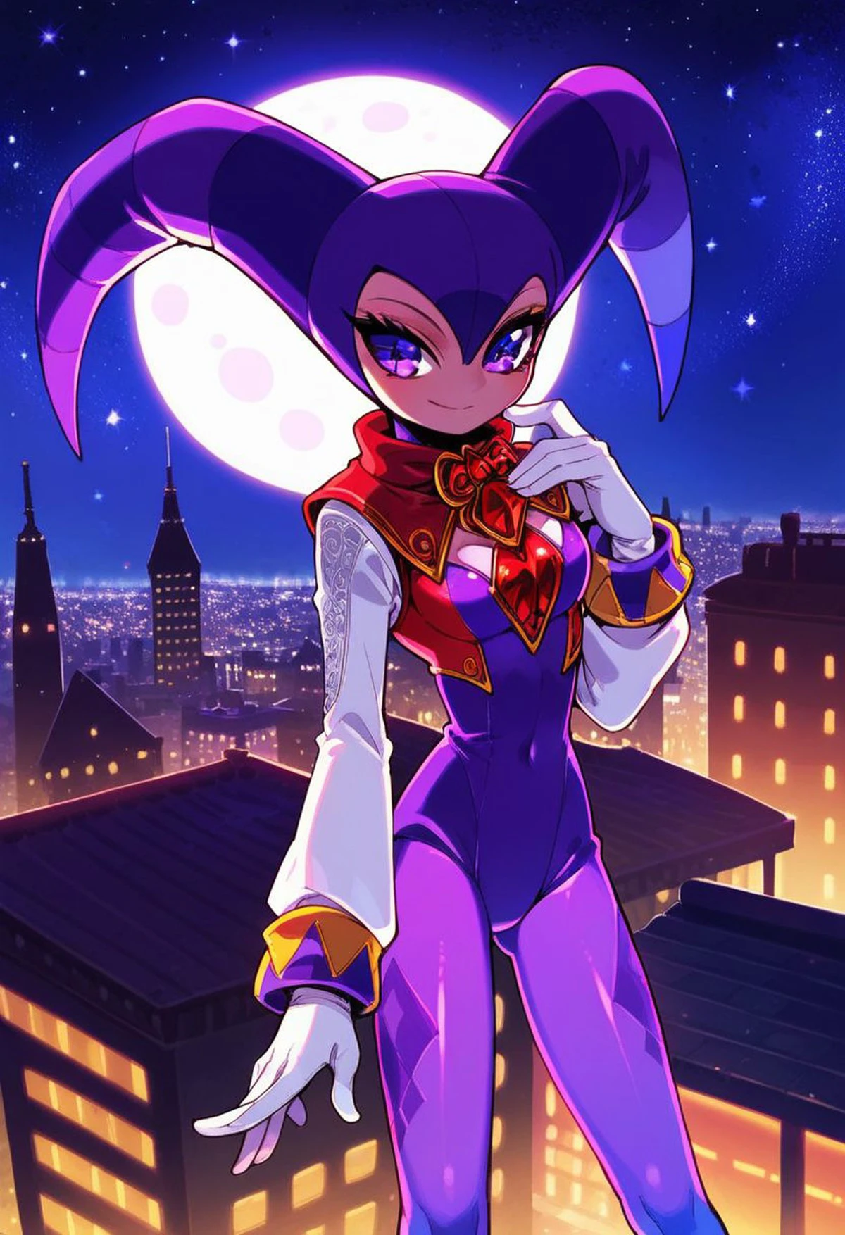 score_9, score_8_up, score_7_up, score_6_up, Nights, Jester, purple eyes, purple bodysuit, white sleeves, oval ruby on chest, white gloves, 1girl, city, rooftop, night time, moon, stars, standing on rooftop,  (high res), (beautiful quality), official art, censored, hand behind back, realistic body,