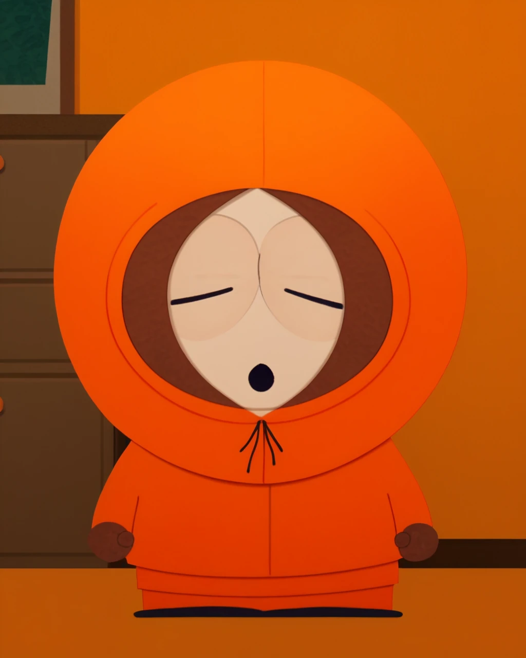 score_9, score_8_up, score_7_up, zPDXL, <lora:South_Park_Style_r1:1>Kenny McCormick, orange sweater, hood up, eyes only, SPstyle, source_cartoon, 2D, indoors, orange pants, chibi