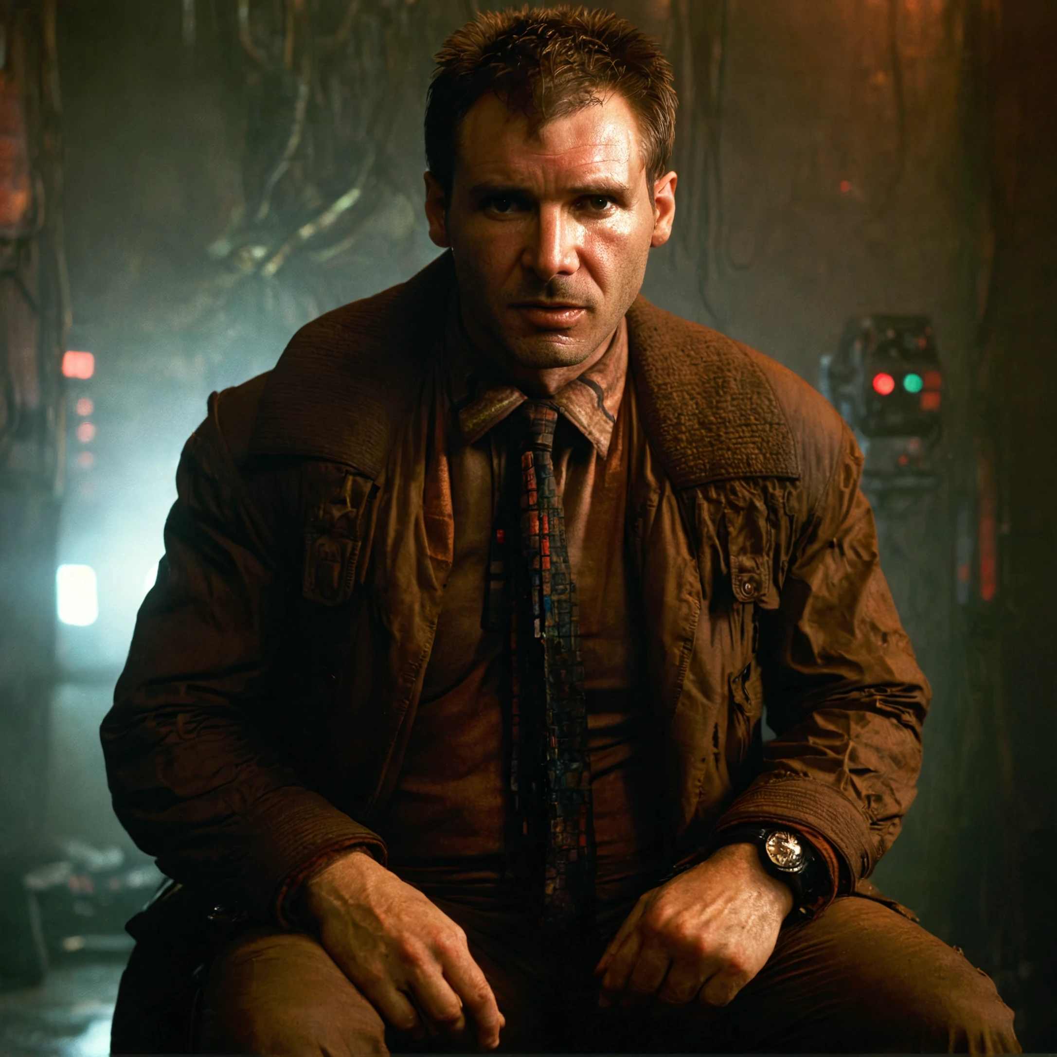 dck,full body shot,pants,looking at viewer,brown jacket,multicolored shirt and tie,sitting,high resolution photo,gloomy,dimly lit
,blade runner background,volumetric lighting,volumetric fog,front view,cinematic,movie still,looking at viewer,volumetric lighting,rim lighting,illuminated face,realistic skin,pores,sweaty skin