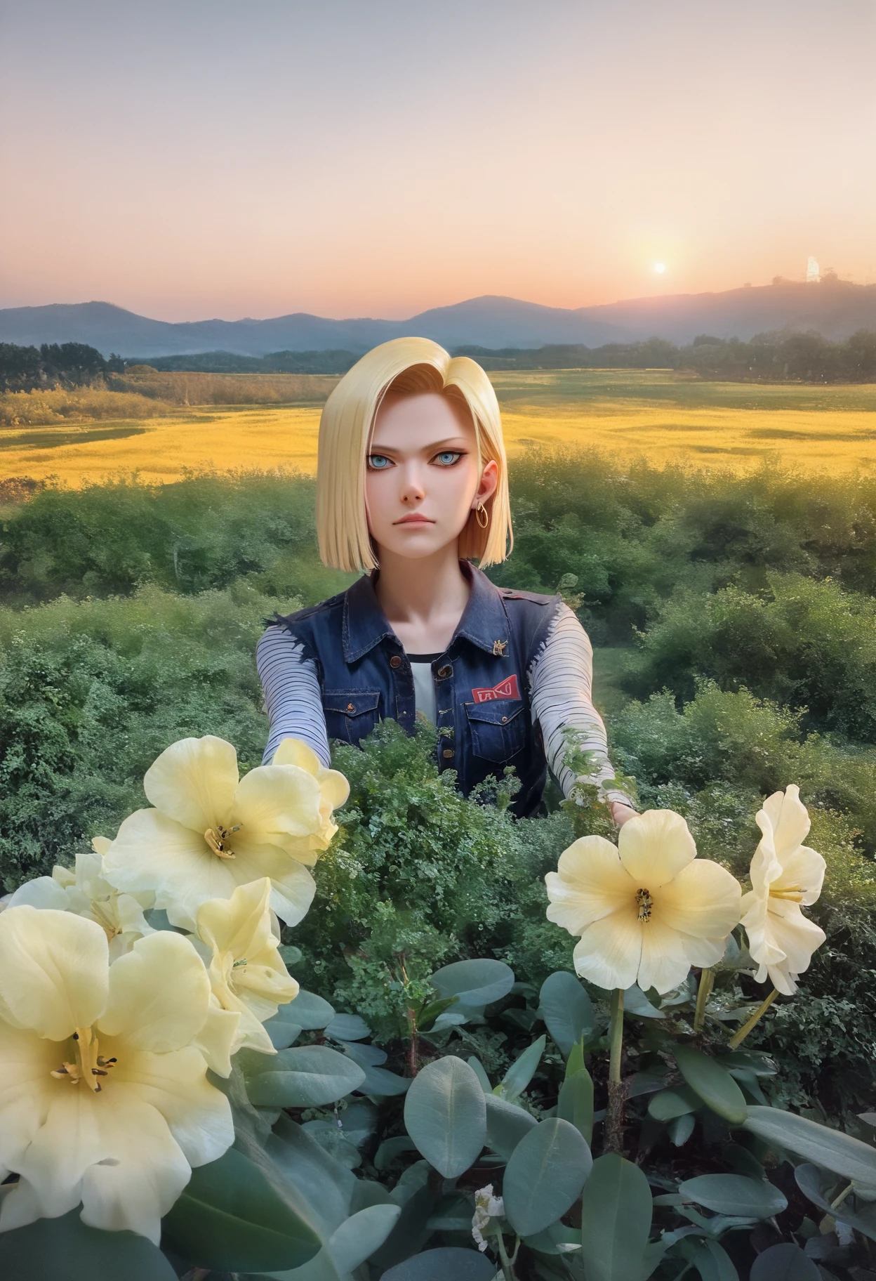 score_9, score_8_up, score_7_up, photo of fl0rAmar1ya flower bush, source_DBZ, android 18, field of flowers, Japanese countryside, fuji mountain, sunset, realistic, photography, cinematic, cinema still, volumetric lighting <lora:fl0rAmar1ya_v111-000002:0.8>