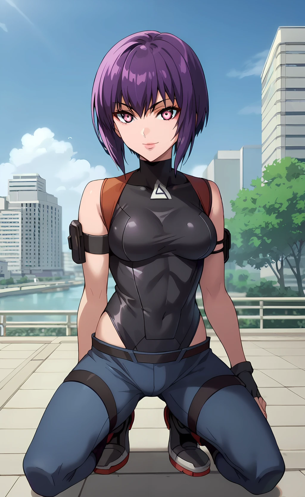 score_9, score_8_up, score_7_up, <lora:motoko_2045:1>, motoko2045xl, purple hair, short hair, lips, cyborg, pink eyes, medium breasts, fingerless gloves, black gloves, black leotard, highleg leotard, hip vent, blue pants, arm strap, bare shoulders, belt, kusanagi motoko, squatting, looking at viewer, seductive smile, outdoors, tokyo \(city\), shibuya \(tokyo\),  <lora:Fine_Anime_Screencap-PonyV2:0.7> fine anime screencap_xl, anime screencap