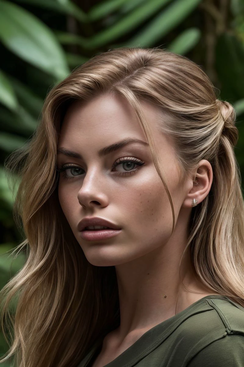 closeup headshot of S438_AshleyGraves,a beautiful woman,in a (jungle:1.1),wearing a (tshirt),(updo-hair),(4k, RAW photo, best quality, 50mm, depth of field, ultra high res:1.1),(intricate, photorealistic, cinematic-shot, masterpiece, ultra-detailed:1.1),