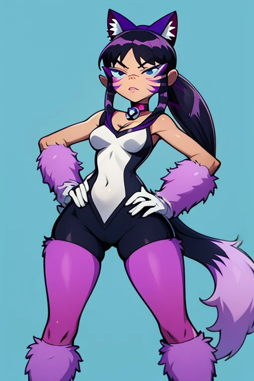 solo <lora:nyan-06:1>,nyan, cat ears, gloves, facial mark,breasts, whisker markings, purple choker, long ponytail, simple background, hand on hips, sassy stand, wide hips, 9/11, september 11th, septerm 11 2001, 9/11, 2 buildings