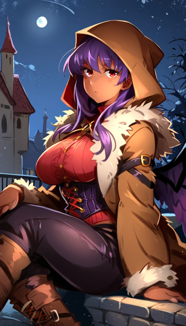 score_9, score_8_up, score_7_up, rating_safe, source_anime, khyle, ExpressiveH, solo, 1girl, curvy, purple hair, red eyes, brown skin, looking at viewer, hood, fur coat, underbust, corset, night, moonlight, castle, sitting, large wings, hands on knees, view from side, rooftop, wide shot, leather pants