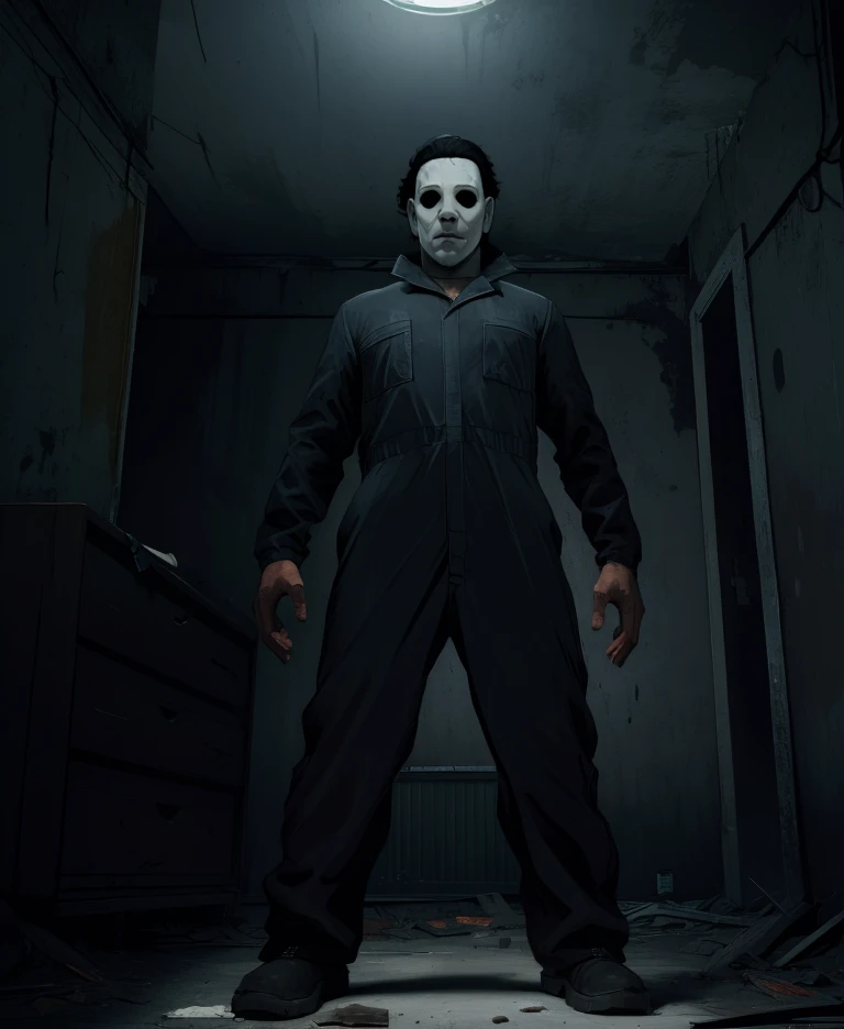 michael,mask,black hair,black eyes,
dark jumpsuit,looking at viewer,standing,from below,
night,abandoned,home,dark corners,shadows,
(insanely detailed,  masterpiece, best quality),solo,<lora:MMDBD:1>,