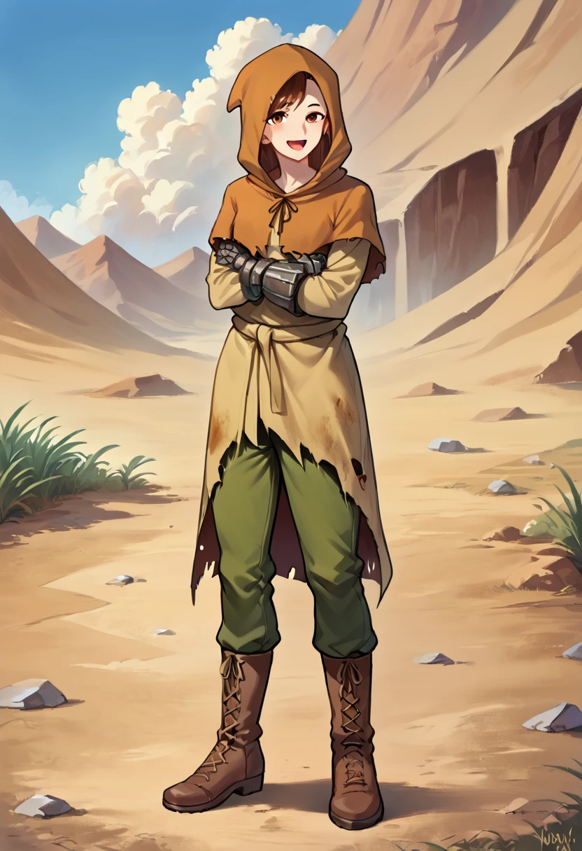 score_9_up,score_8_up,score_7_up,score_6_up,source_anime BREAK 1girl, <lora:Veronicapony:0.95>,veronicafnv,solo,hood,cloak,torn clothes,hood up,single gauntlet,gloves,crossed arms,in dusty desert,outdoors,happy,:d,boots,pants,full body, <lora:abyssorange_style_for_pony_d32:1>