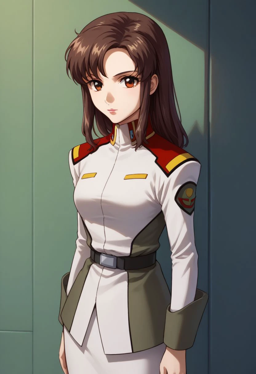 score_9, score_8_up, score_7_up, source_anime, 
murrue, 1girl, uniform, solo, brown hair, military uniform, military, pantyhose, brown eyes, skirt, looking at viewer, upper body, stand,
indoor,