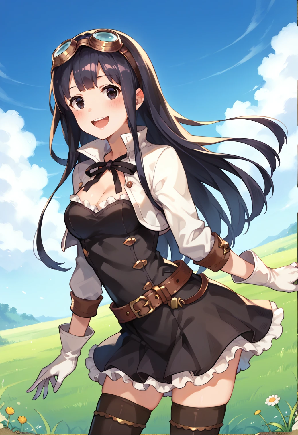 score_9, score_8_up, score_7_up, hd, (ultra hd quality details), outdoors, blue sky, grassfield,
solo, 1girl, jessicagbfbase, black hair, black eyes, bangs, googles on head, medium breasts,
black dress, open jacket, ribbon, white jacket, cleavage, long sleeves, frills, white gloves, black thighhighs, belt,
looking at viewer, blush, smile, open mouth,
standing,