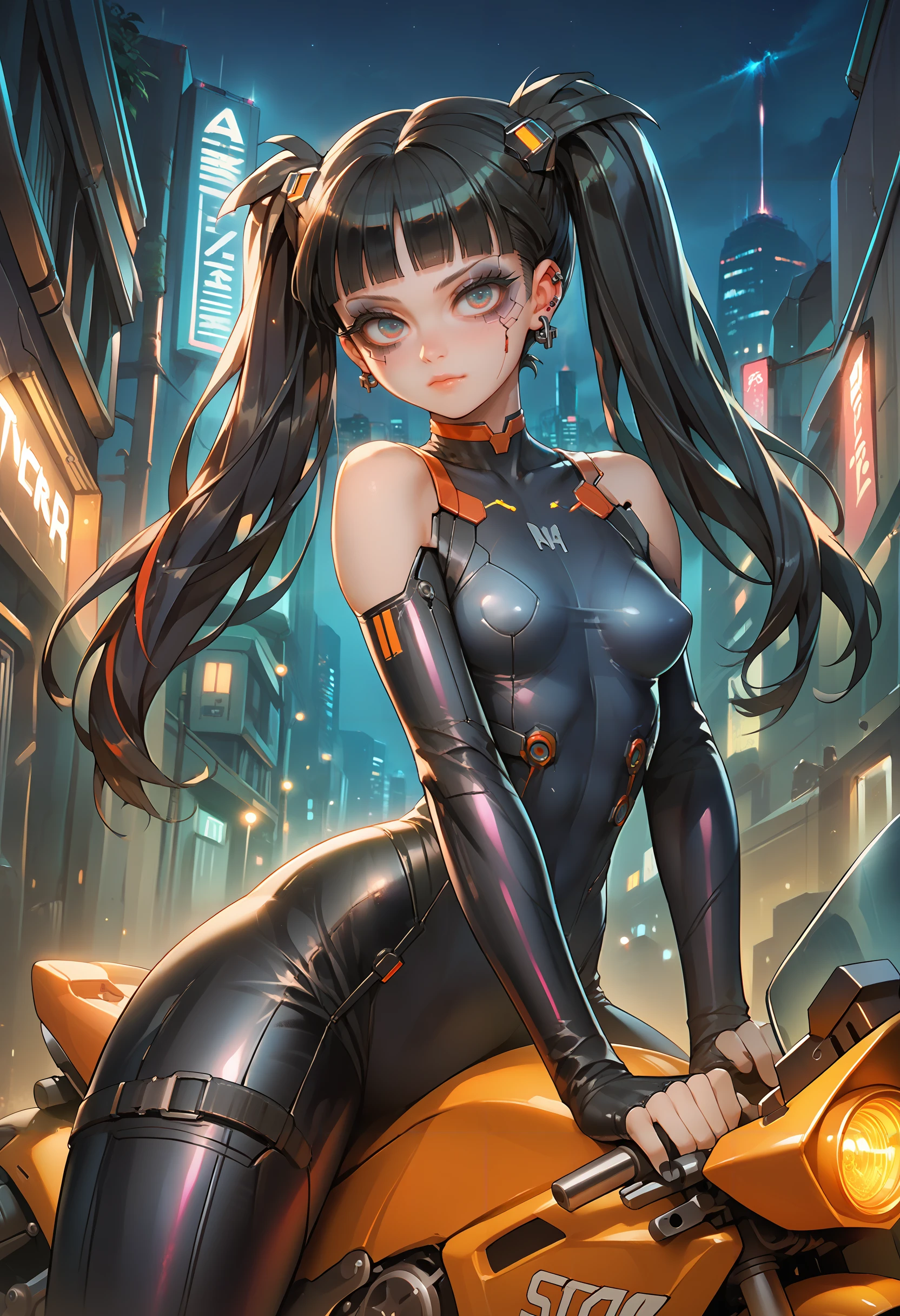 score_9, score_8_up, score_7_up, score_6_up, source_anime, masterpiece, newest,
1 girl, solo, skinny, bodysuit, grinning, Colored eyelashes, cyberpunk, at night, motorbike, futuristic, black hair, twin tails, piercings goth makeup, dark background. (Black:0.5), faded