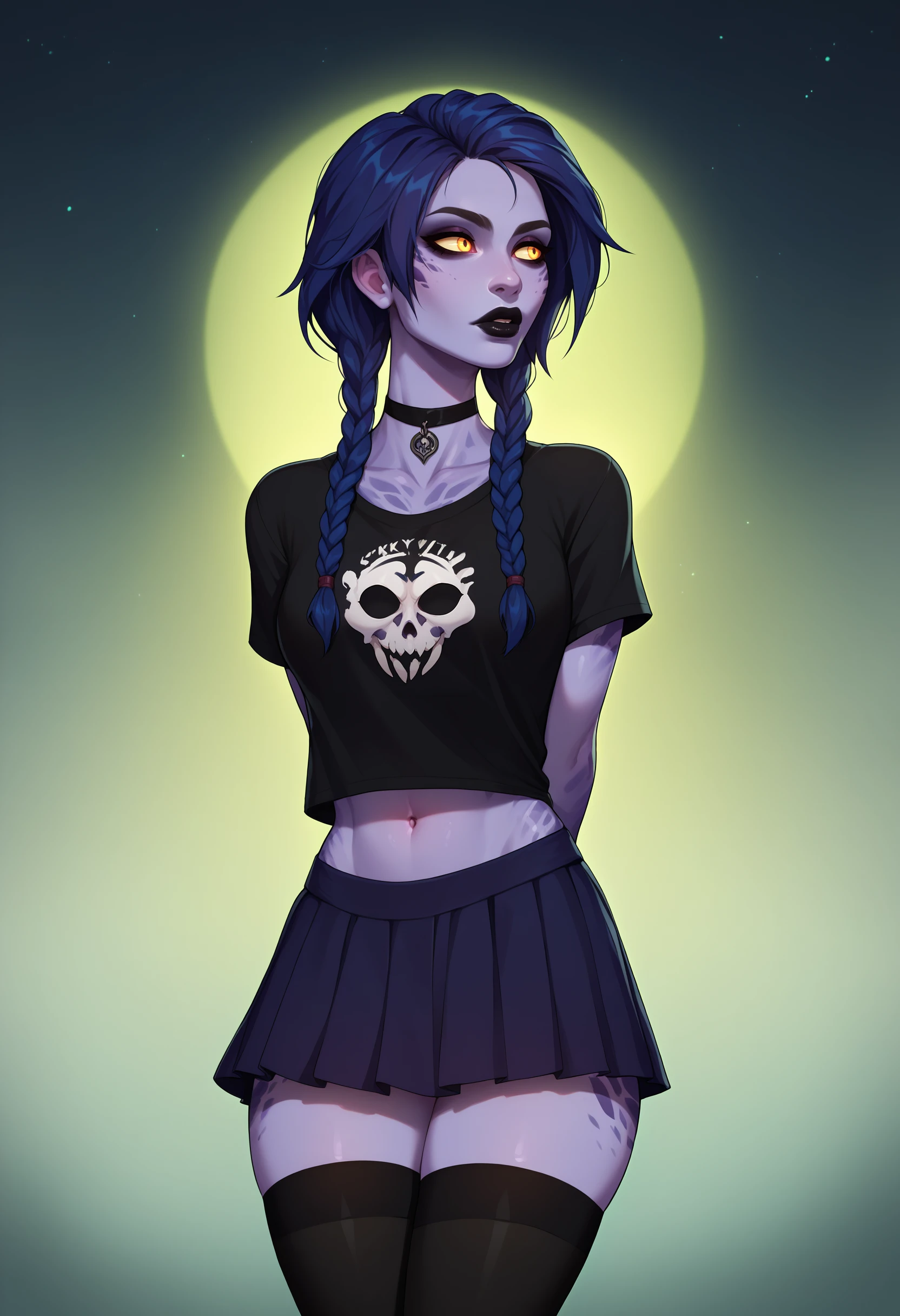 score_9, score_8_up, score_7_up <lora:shyvana-guy-PON-LyCORIS-Yv1:.95>, 1girl, solo, shyvana, purple skin, twin braids, monster girl, midriff, t-shirt, gothic, black choker, skirt, night sky, black lips, thighhighs, glowing, arms behind back, looking to the side,