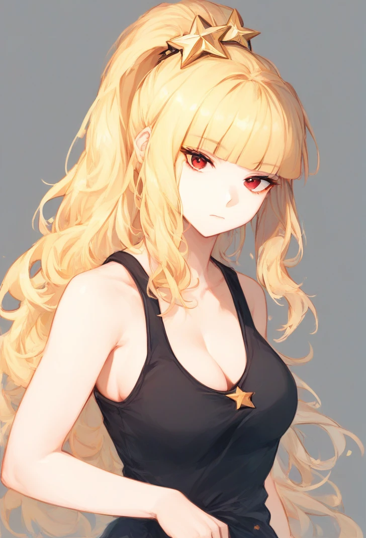 (score_9, score_8_up:1.1), score_7_up, masterpiece, perfect face, beautiful face, perfect hands, beautiful hands, <lora:Ezra_TDD:1>, Ezra_TDD, 1girl, solo, long hair, breasts, bangs, blonde hair, simple background, hair ornament, red eyes, cleavage, bare shoulders, medium breasts, closed mouth, upper body, ponytail, sidelocks, sleeveless, blunt bangs, grey background, star (symbol), black tank top, high ponytail, star hair ornament