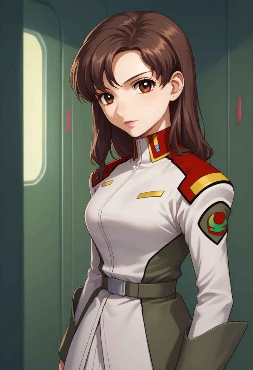 score_9, score_8_up, score_7_up, source_anime, 
murrue, 1girl, uniform, solo, brown hair, military uniform, military, pantyhose, brown eyes, skirt, looking at viewer, upper body, stand,
indoor,