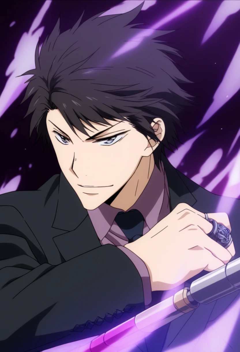 score_9, score_8_up, score_7_up, score_6_up, highly detailed, masterpiece, best quality,detailed,intricate details, amazing quality, best aesthetic, absurdres, hibari_tyl, black hair, gray eyes, 1boy, male focus, solo, necktie, purple shirt, formal, suit, ring, purple flames,weapon<lora:EMS-391465-EMS:1.000000>