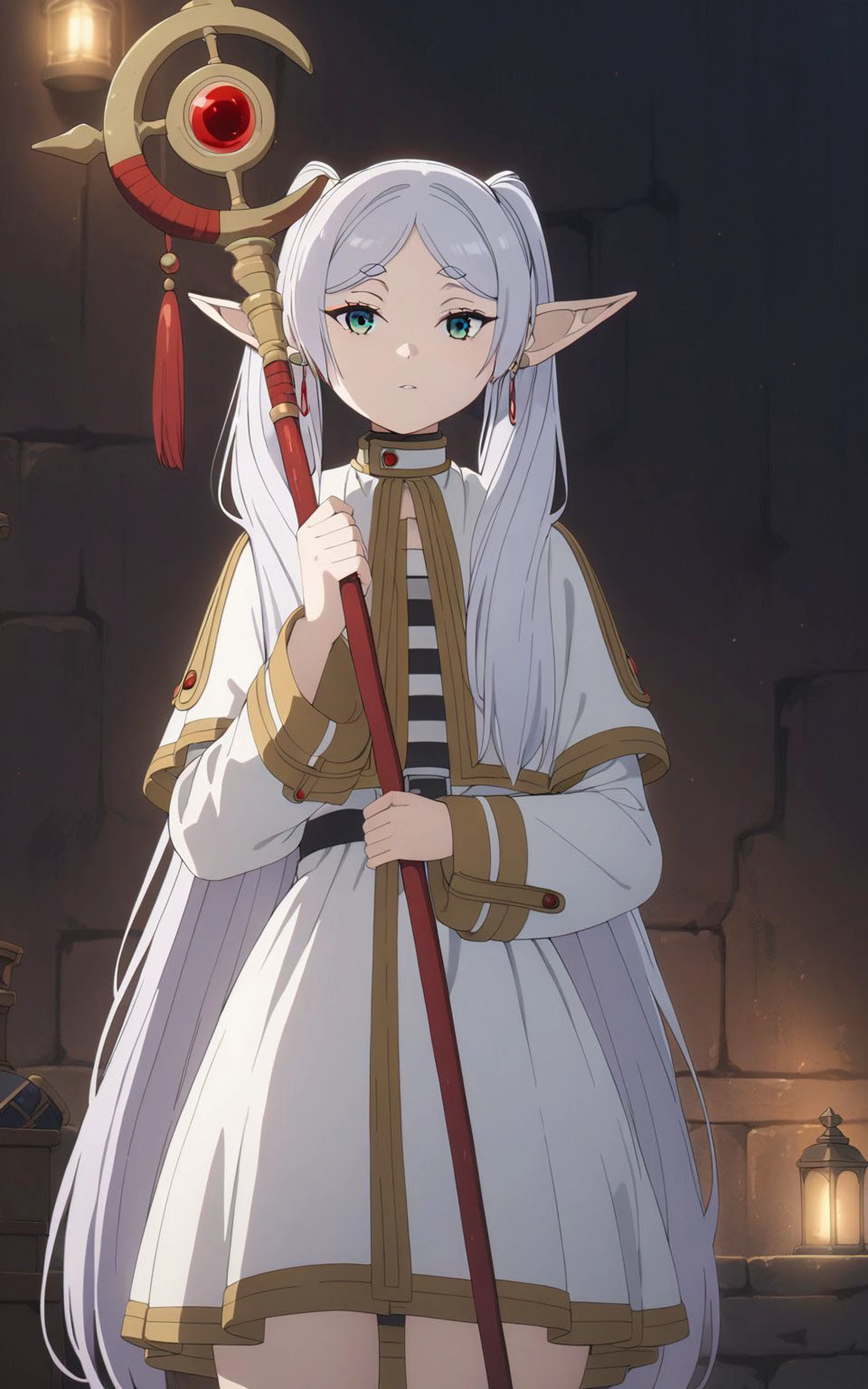 frierens, weared costume, holds staff, correct anatomy, cute, beautiful eyes, dungeon, many details, super detailed, atmospheric lighting, high quality, (masterpiece:1.3), HD,  <lora:frierens:1>