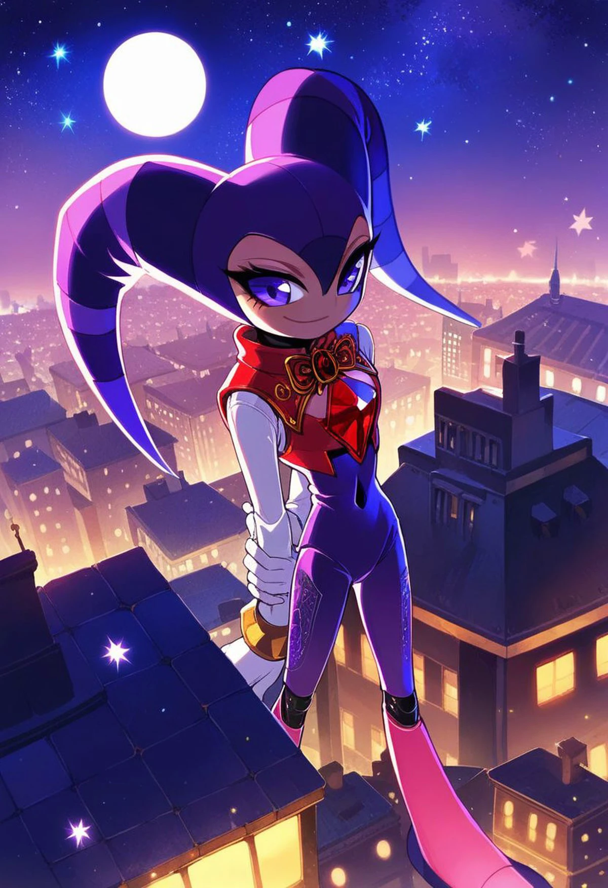 score_9, score_8_up, score_7_up, score_6_up, Nights, Jester, purple eyes, purple bodysuit, white sleeves, oval ruby on chest, white gloves, 1girl, city, rooftop, night time, moon, stars, standing on rooftop,  (high res), (beautiful quality), official art, censored, hand behind back, realistic body,