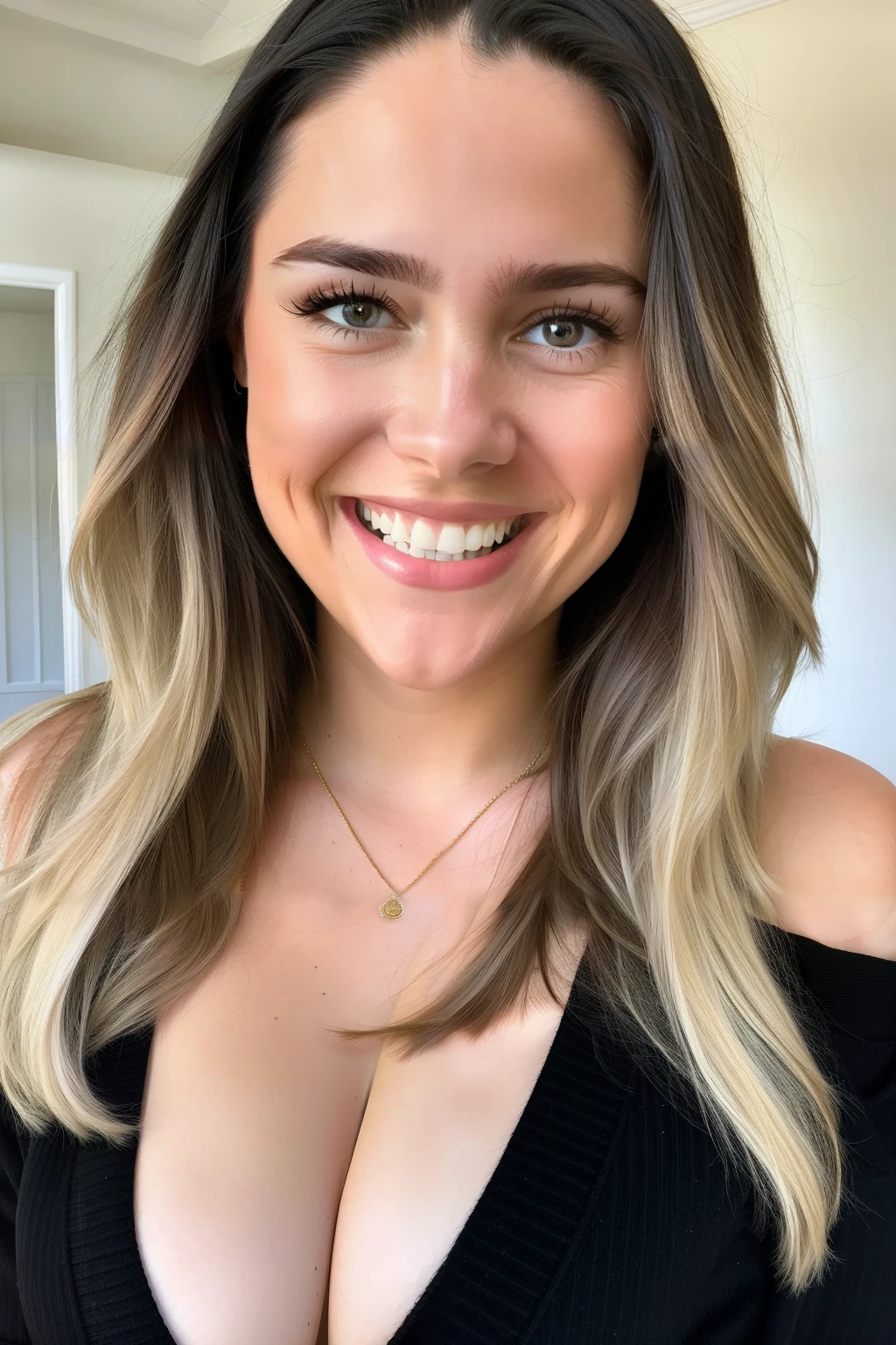 realvix,portrait,smile,instagram photo, closeup face photo of 23 y.o Chloe in black sweater, cleavage, pale skin, (smile:0.4), hard shadows