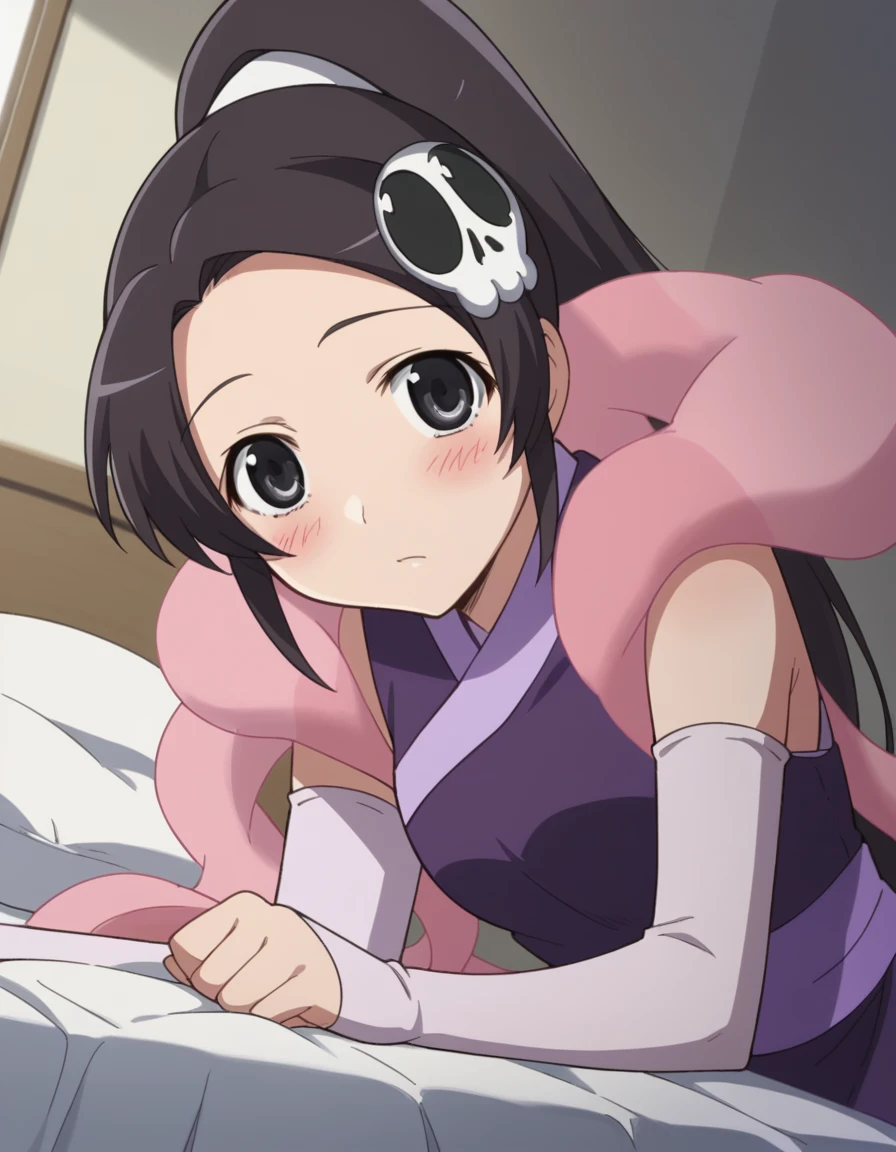 score_9, score_8_up, score_7_up, source_anime,
eluciadeluteima, <lora:elucia-de-lute-ima-s1s2-ponyxl-lora-nochekaiser:1>,
elucia de lute ima, forehead, black hair, black eyes, hair ornament, skull hair ornament, ponytail,
japanese clothes, dress, purple dress, sleeveless, hagoromo, shawl, elbow gloves,
indoors, bed, bed room, on side, blush, drunk,
looking at viewer, cowboy shot, solo, dutch angle,