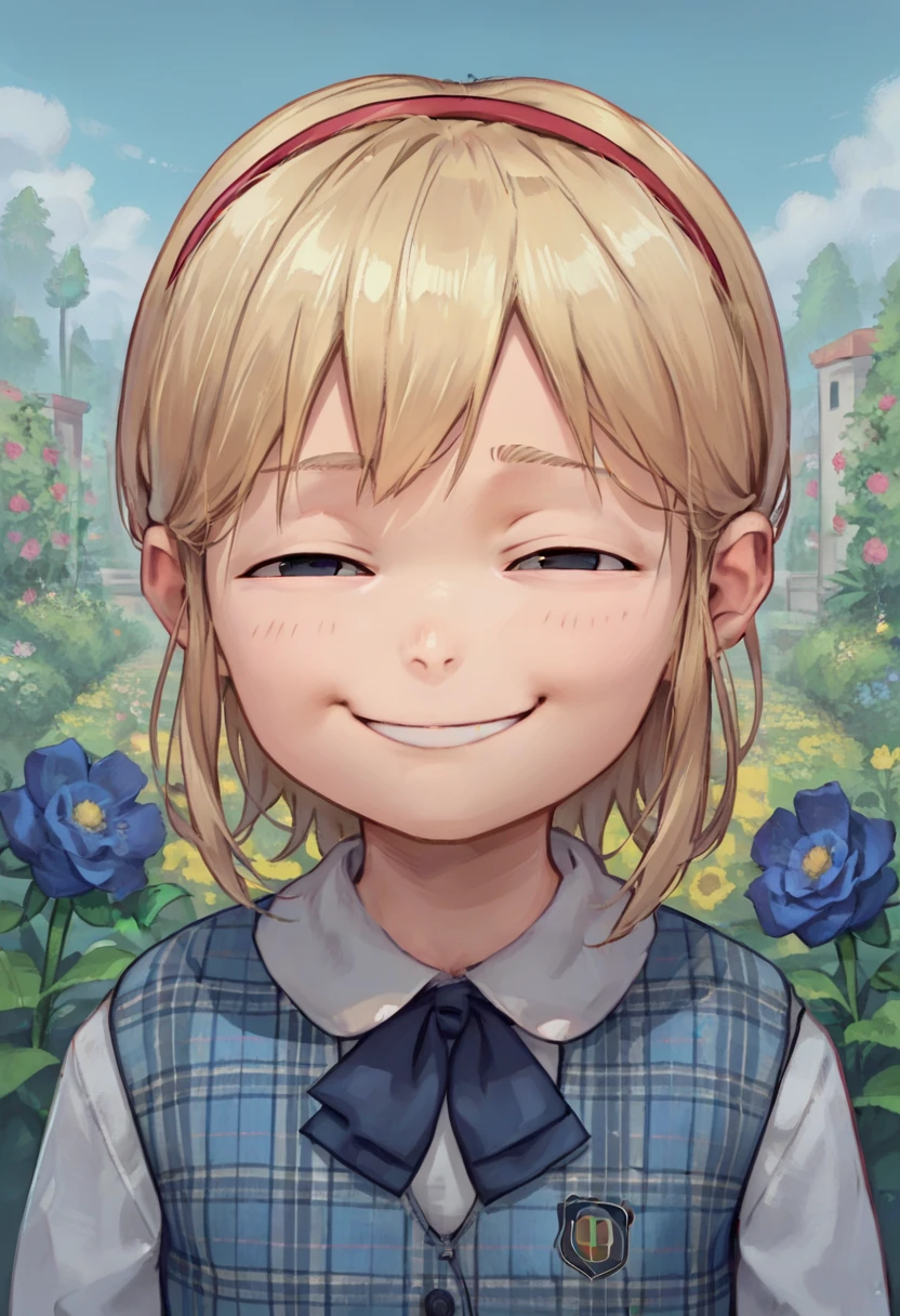 score_9, score_8_up, score_8, source_anime, 1girl, <lora:SherryBirkin:0.9> solo, flat chest, skinny, blue eyes, blonde hair, white shirt, vest, plaid vest, hairband, eyes half closed, smirk, looking at viewer, upper body,
garden background, flowers, <lora:xl_anya's_heh_face(pony)3:0.7> Comical face, smile, black eyes