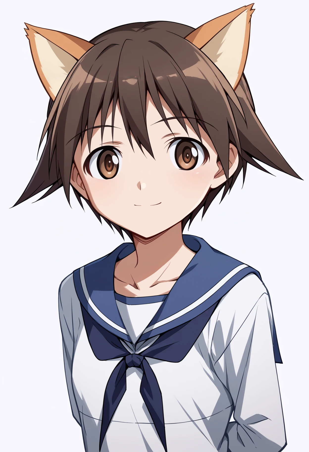 score_9, score_8_up, score_7_up, score_6_up, score_5_up, score_4_up, BREAK, source_anime,
1girl, miyafuji yoshika, brown eyes, brown hair, short hair,
dog ears,
school uniform, serafuku,
arms behind back, upper body, smile, looking at viewer, solo, simple background, white background    <lora:YoshikaMiyafujiXL:1>