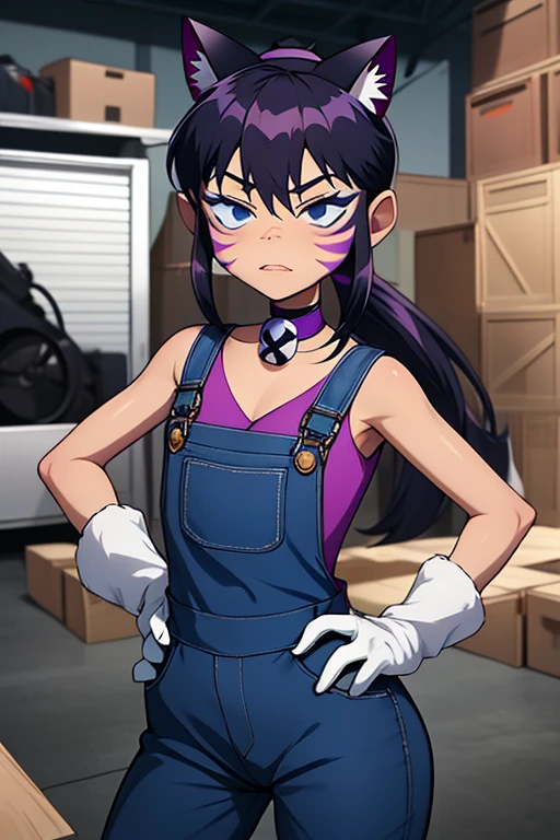 solo <lora:nyan-06:1>,nyan, cat ears, gloves, facial mark, whisker markings, purple choker, long ponytail, cowboy shot, detailed background, mechanical room, inside machine room, car garage, blue overalls, wiping forehead,one hand on forehead, one hand on hips, sassy stand, covered in oil, black eye,