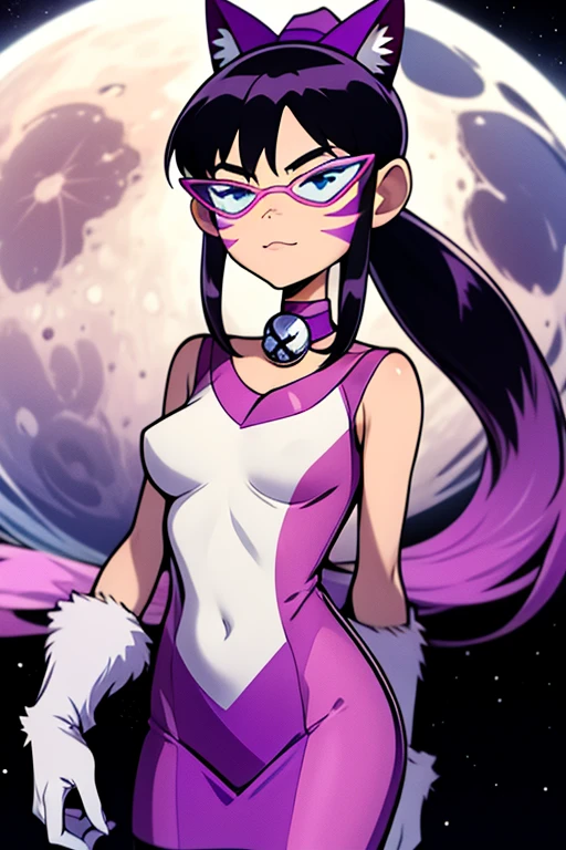 solo <lora:nyan-06:1>,nyan, cat ears, gloves, facial mark, breasts, whisker markings, purple choker, long ponytail, detailed background, lunar moon landing, in space, space background, on moon surface,