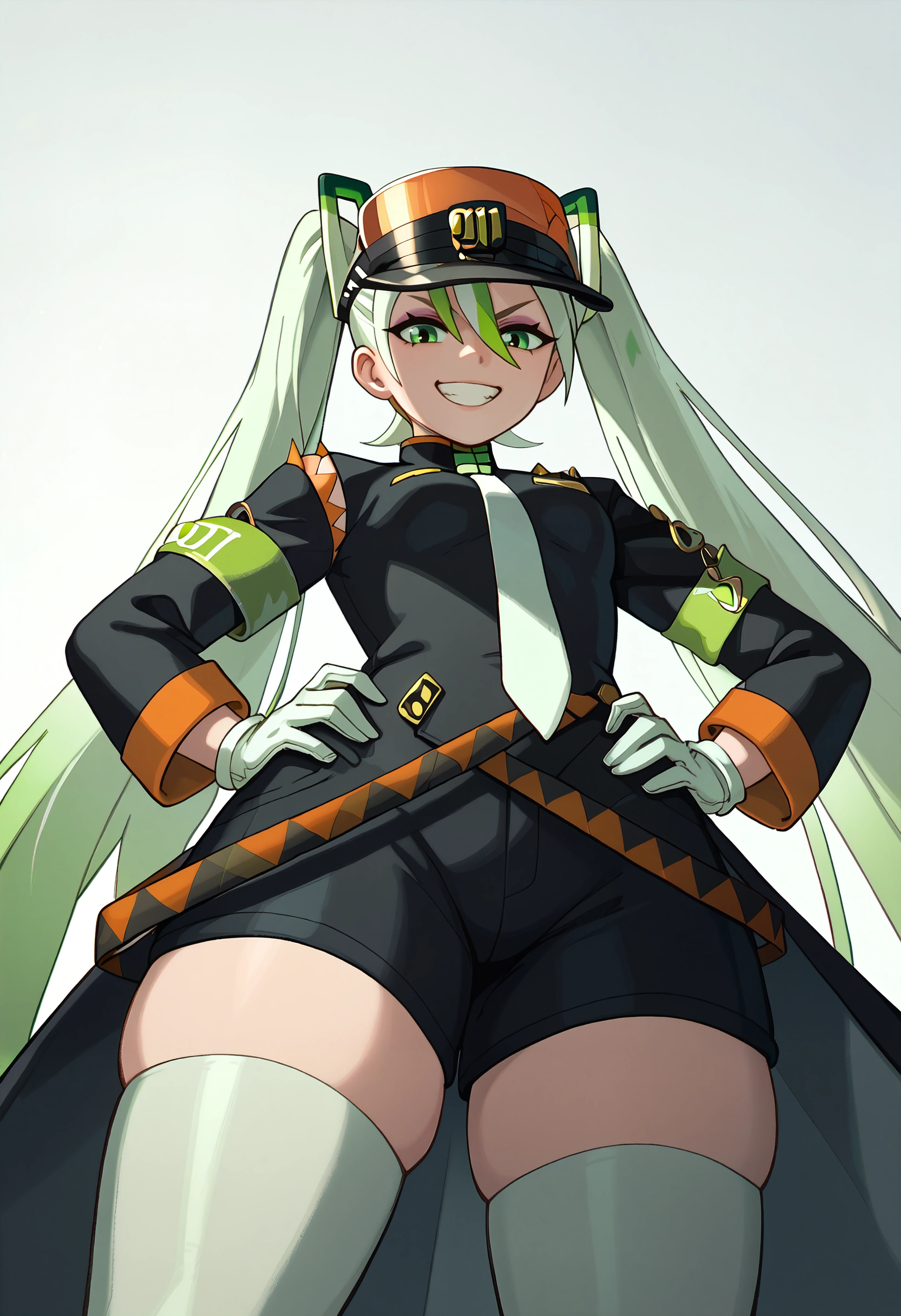 score_9, score_7_up BREAK fightingmiku, twintails, green eyes, eyeshadow,visor cap, black coat, white necktie, long sleeves, green armband, white gloves, black shorts, white thighhighs,thick thighs,hands on hips,from below,looking at viewer,green eyes,grin <lora:riz_pd_dora:1> <lora:projectvoltage_fightingmiku_ponyXL_1:0.8>