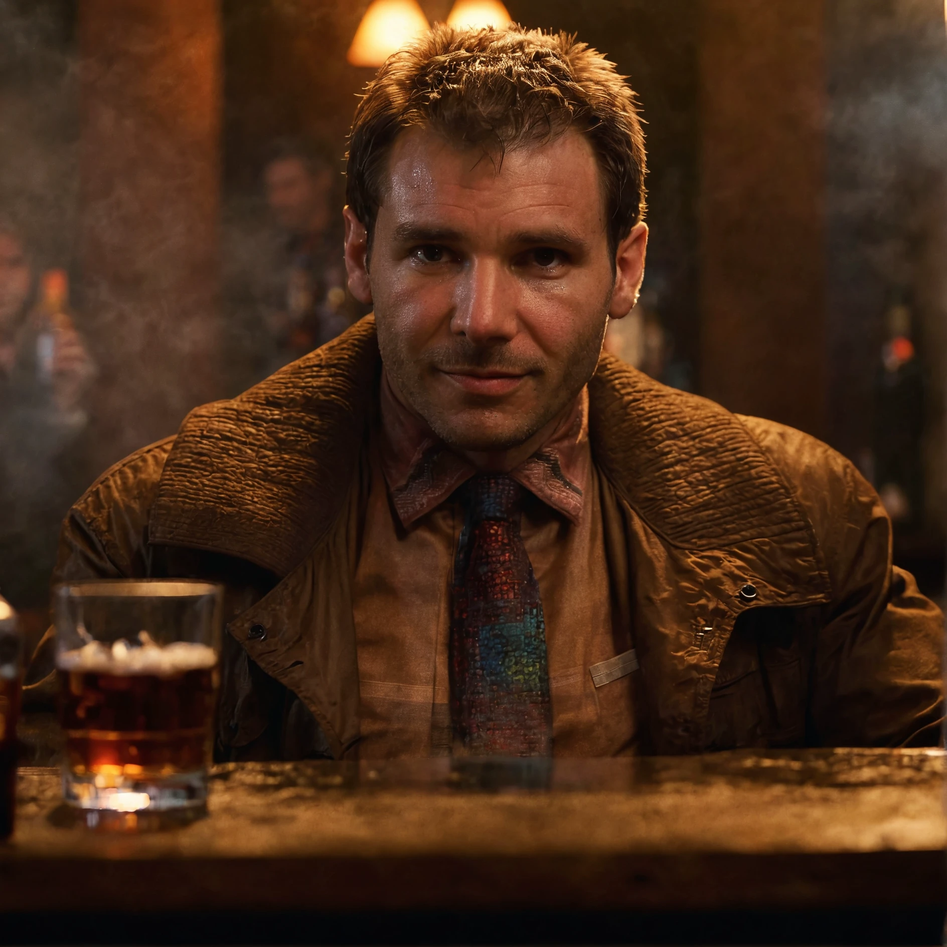 dck,high resolution photo,brown jacket,multicolored shirt and tie,sitting in bar drinking whiskey while smiling,gloomy,dimly lit
,volumetric lighting,volumetric fog,front view,cinematic,movie still,looking at viewer,volumetric lighting,rim lighting,illuminated face,realistic skin,pores,sweaty skin