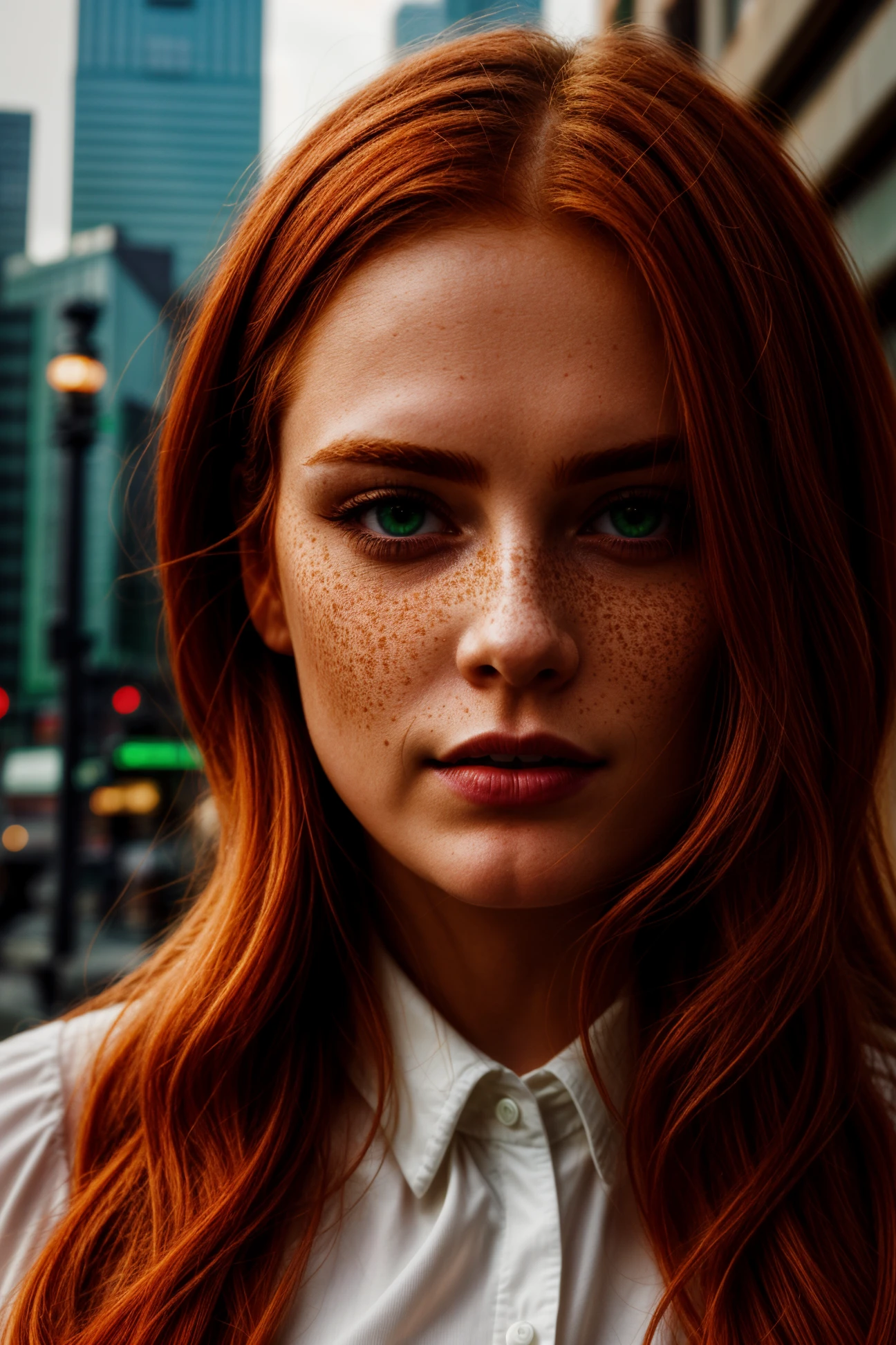 Irish woman, 30 years old, sensual and sexy, exudes a vibrant energy, freckles, ginger hair and captivating green eyes, gracefully navigating the bustling city streets, close-up portrait, detailed, hdr, epic background, line art, digital illustration, comic style, dynamic, highly detailed, artstation, concept art, smooth, sharp focus, detailed background, 60-30-10 color rule, warm tones, godrays, global illumination, detailed and intricate environment<lora:better freckles_epoch_12:0.8> <lora:more_details:1>