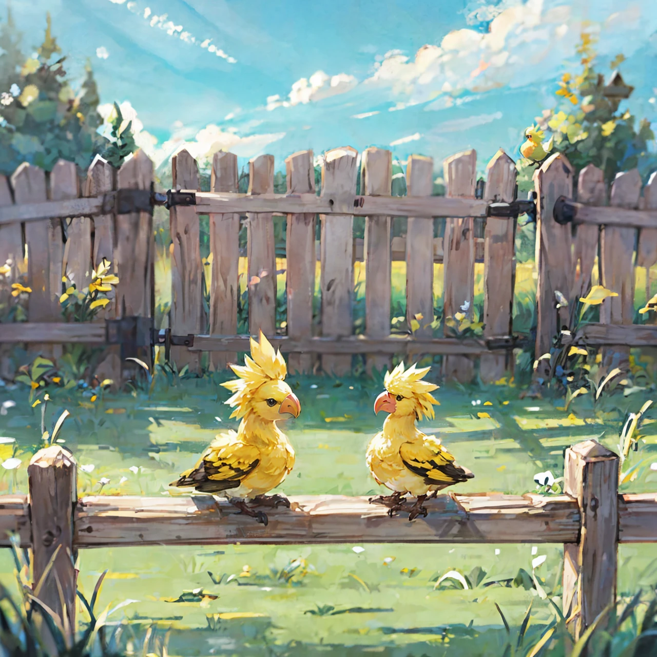 baby chocobo, wooden fence, cute, grass, baby, <lora:baby chocobo:0.6>