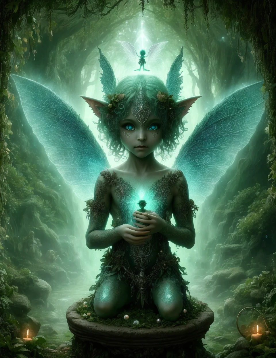 DonM50u13ff1g13  gargoyle, tiny fairy elf like creature, young child, otherworldly ethereal glow, distinctive captivating eyes, facial features that convey an otherworldly charm, transformation elf like pointed ears, enchanted ethereal clothing, innocent ,   <lora:DonM50u13ff1g13-000007:0.85>