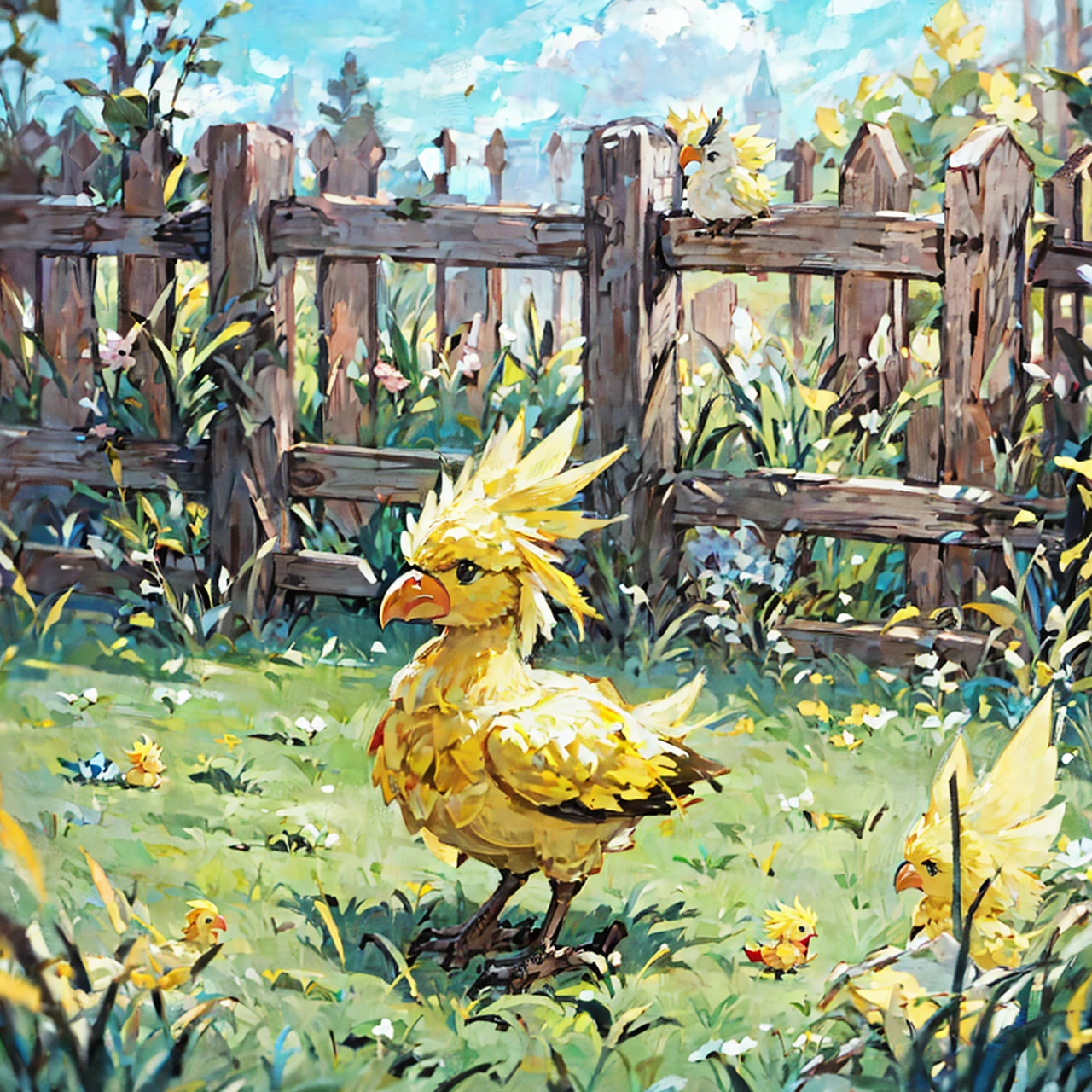 baby chocobo, wooden fence, cute, grass, baby, <lora:baby chocobo:0.75>