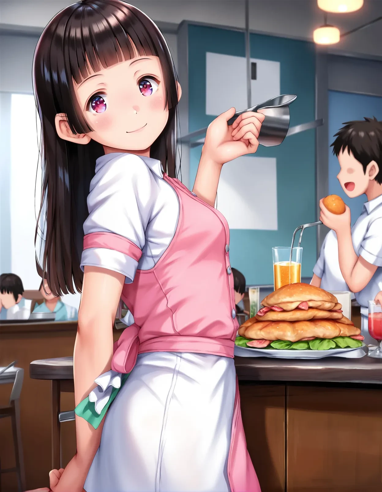 score_9, score_8_up, score_7_up, score_6_up,score_5_up,score_4_up,
1girl, waitress, from side, hime cut, smile,
<lora:higegepon_style_pony6_v1:.8>